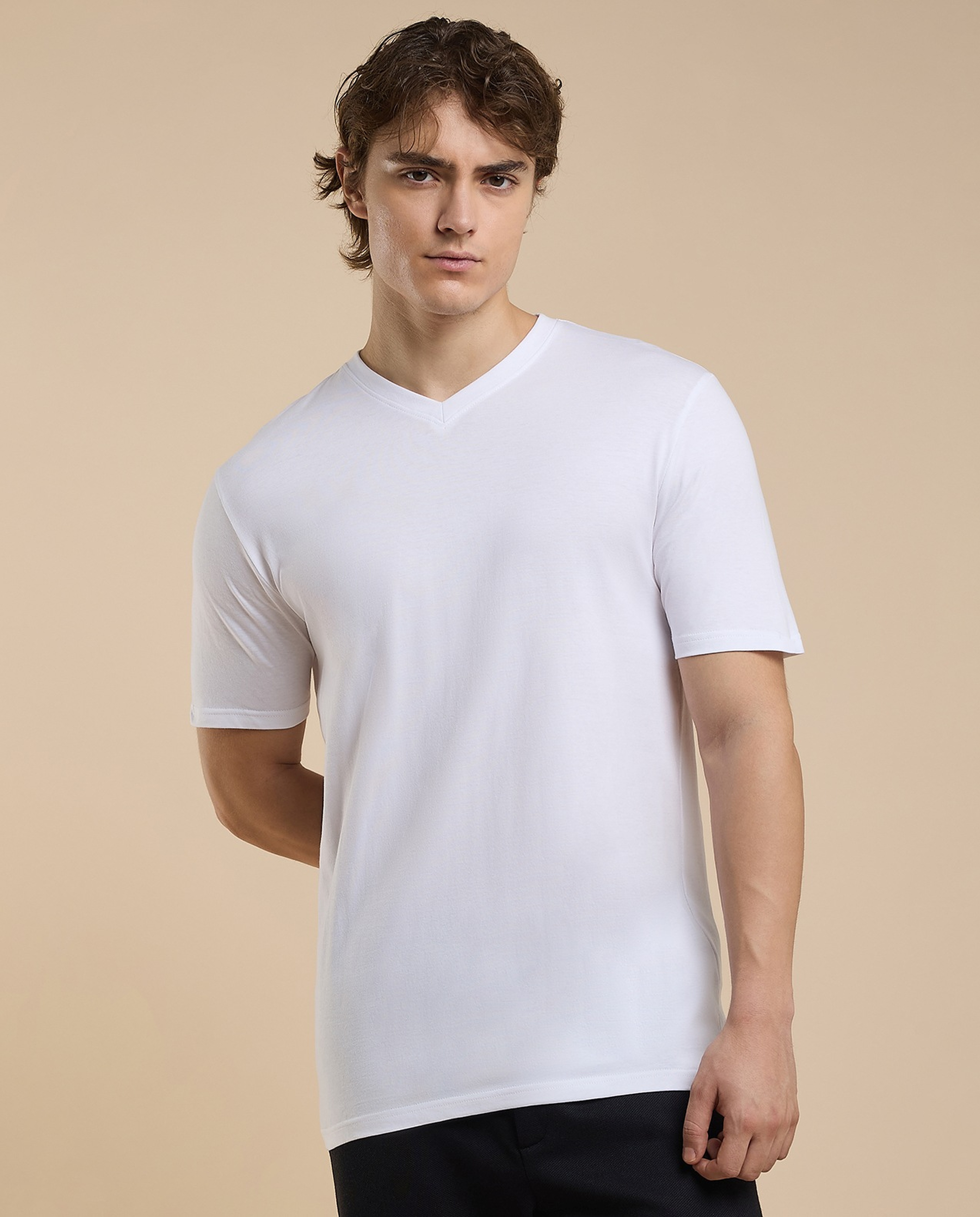 Solid T-Shirt with V-Neck and Short Sleeves