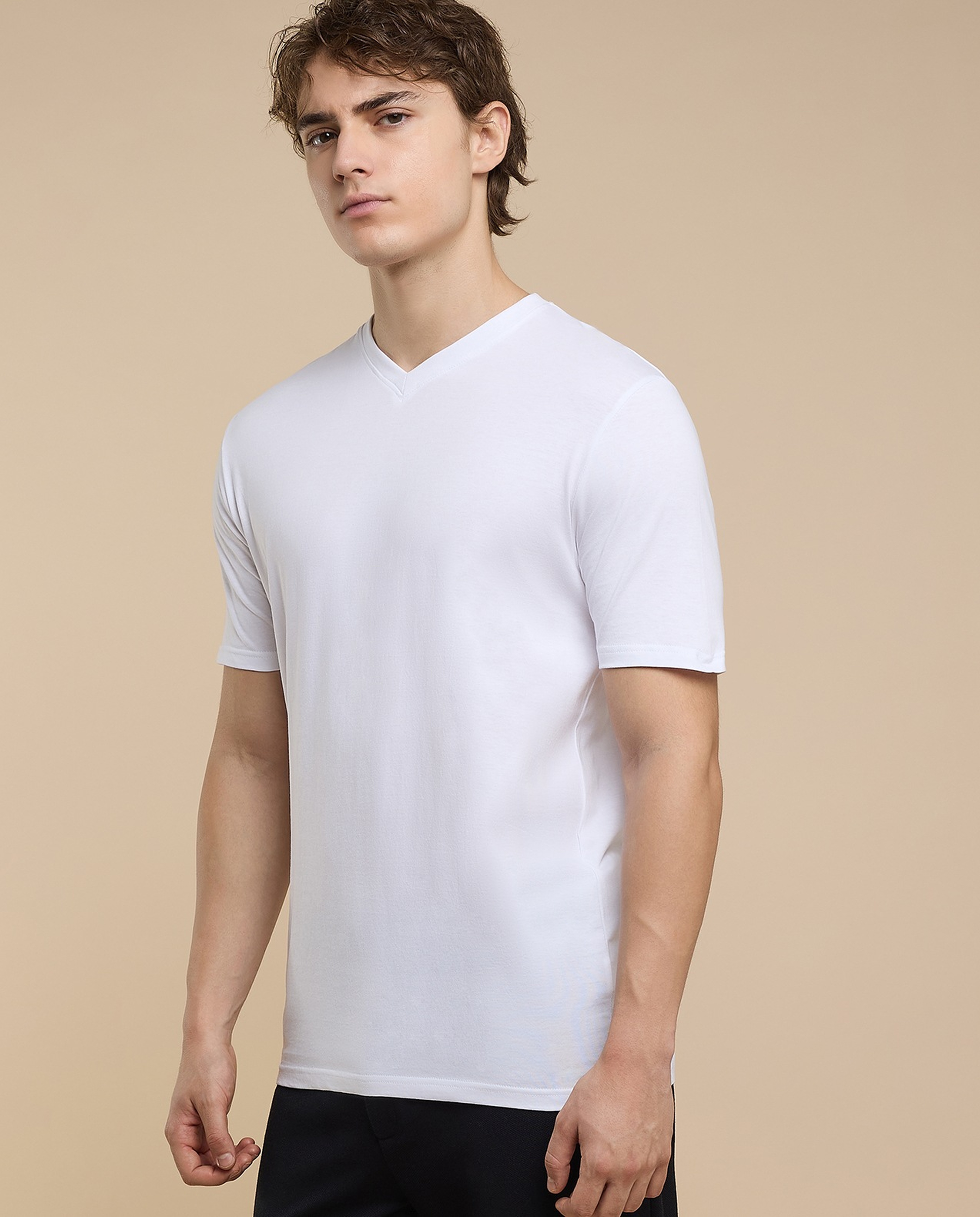 Solid T-Shirt with V-Neck and Short Sleeves