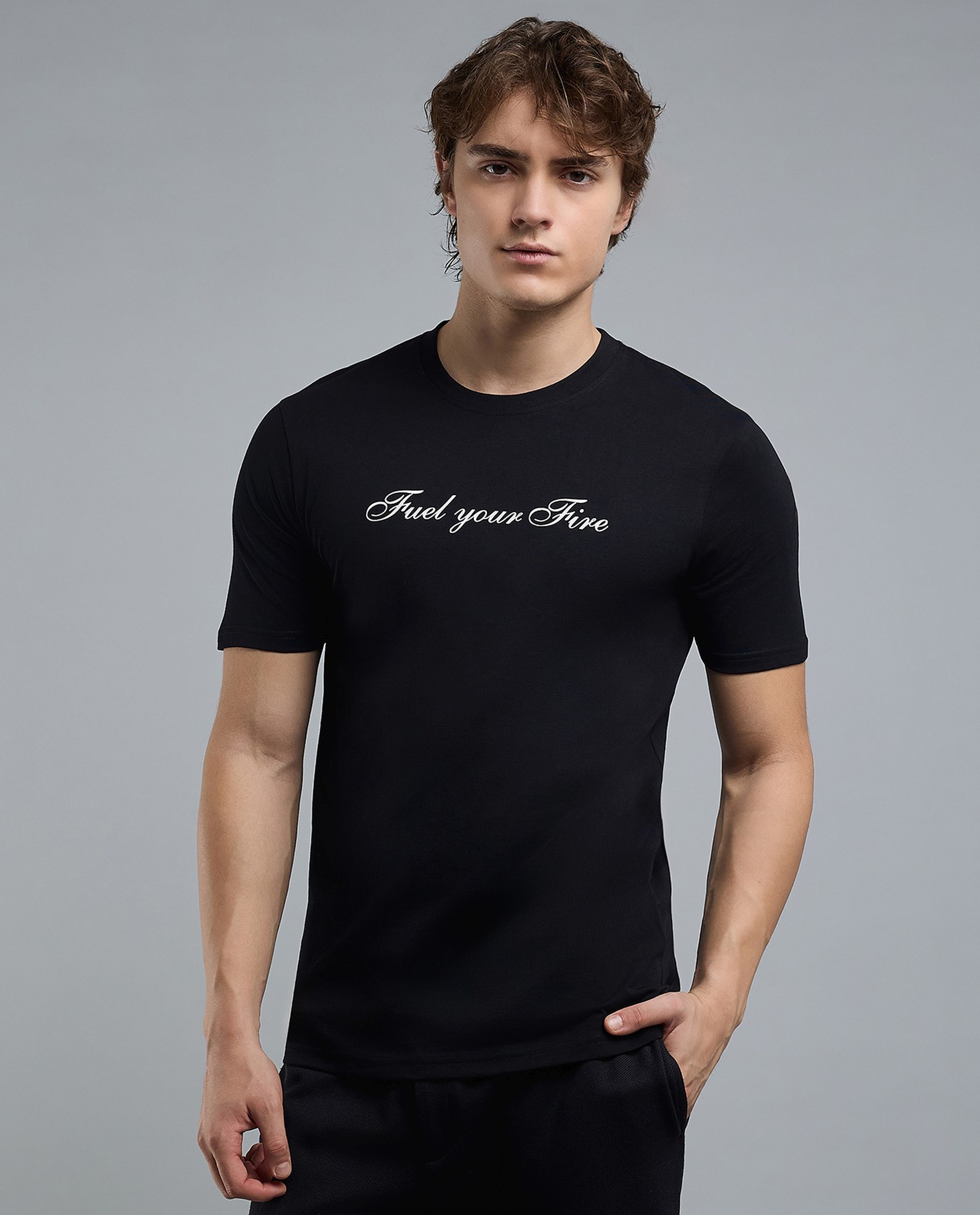 Typography Print T-Shirt with Crew Neck and Short Sleeves