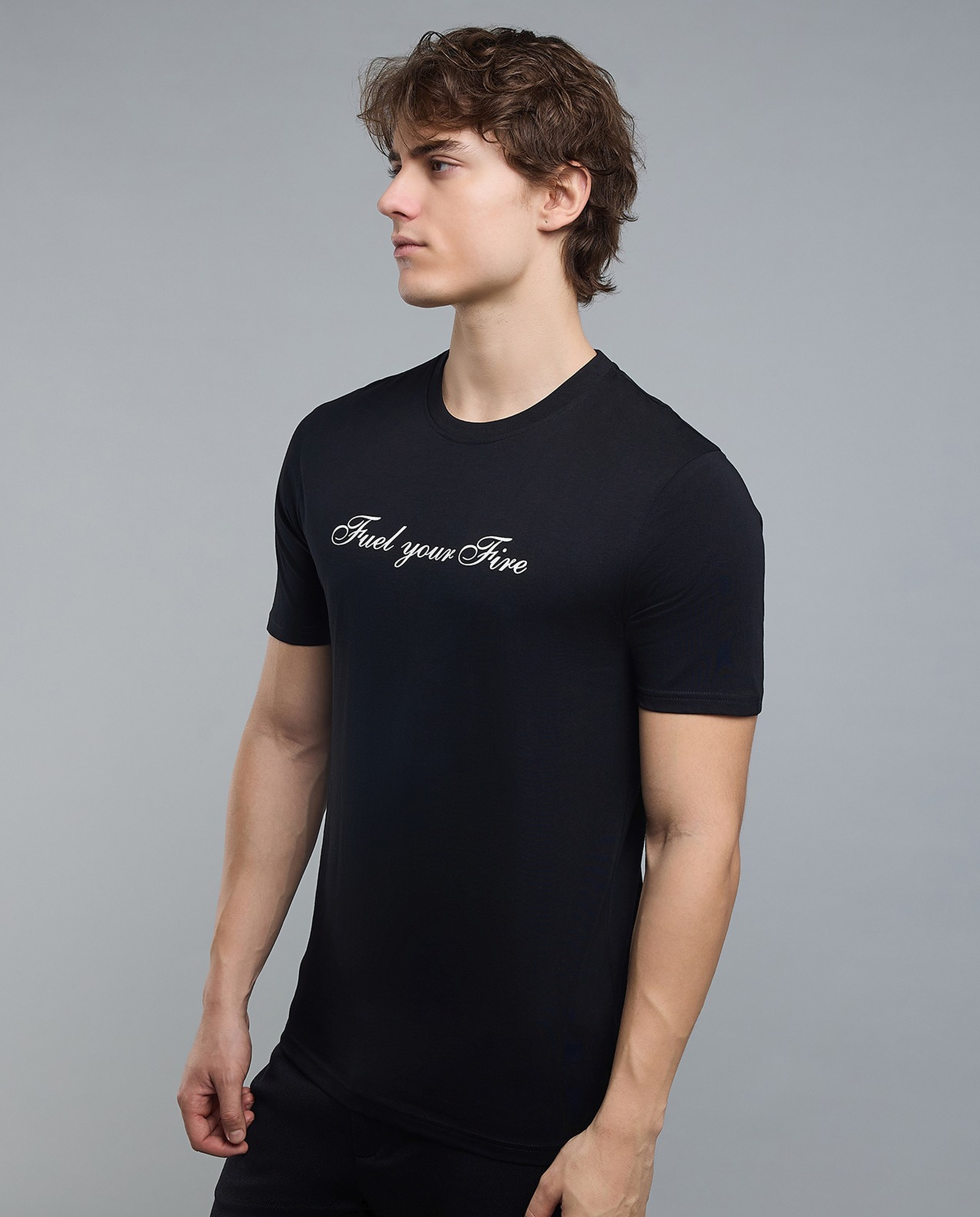 Typography Print T-Shirt with Crew Neck and Short Sleeves