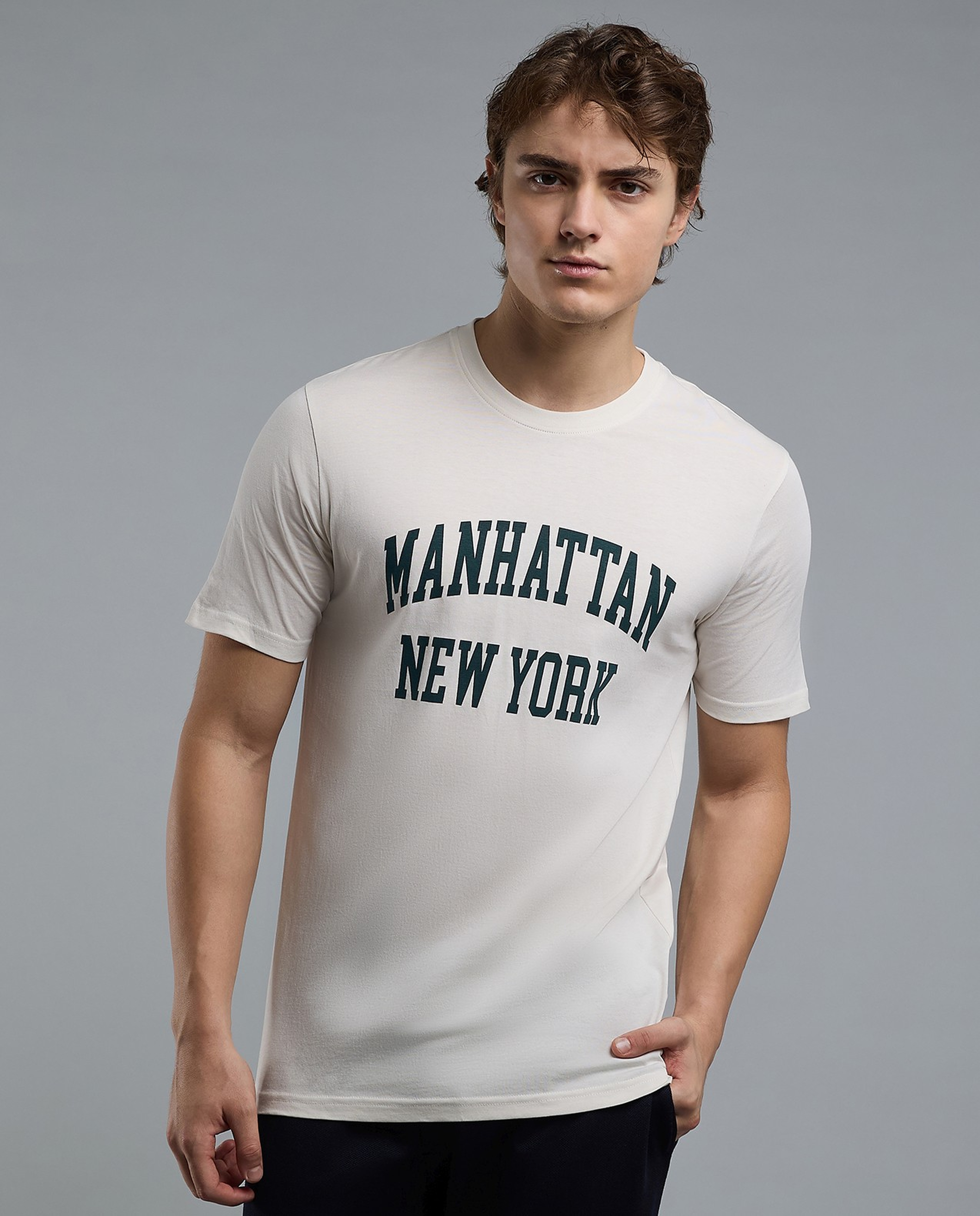 Typography Print T-Shirt with Crew Neck and Short Sleeves