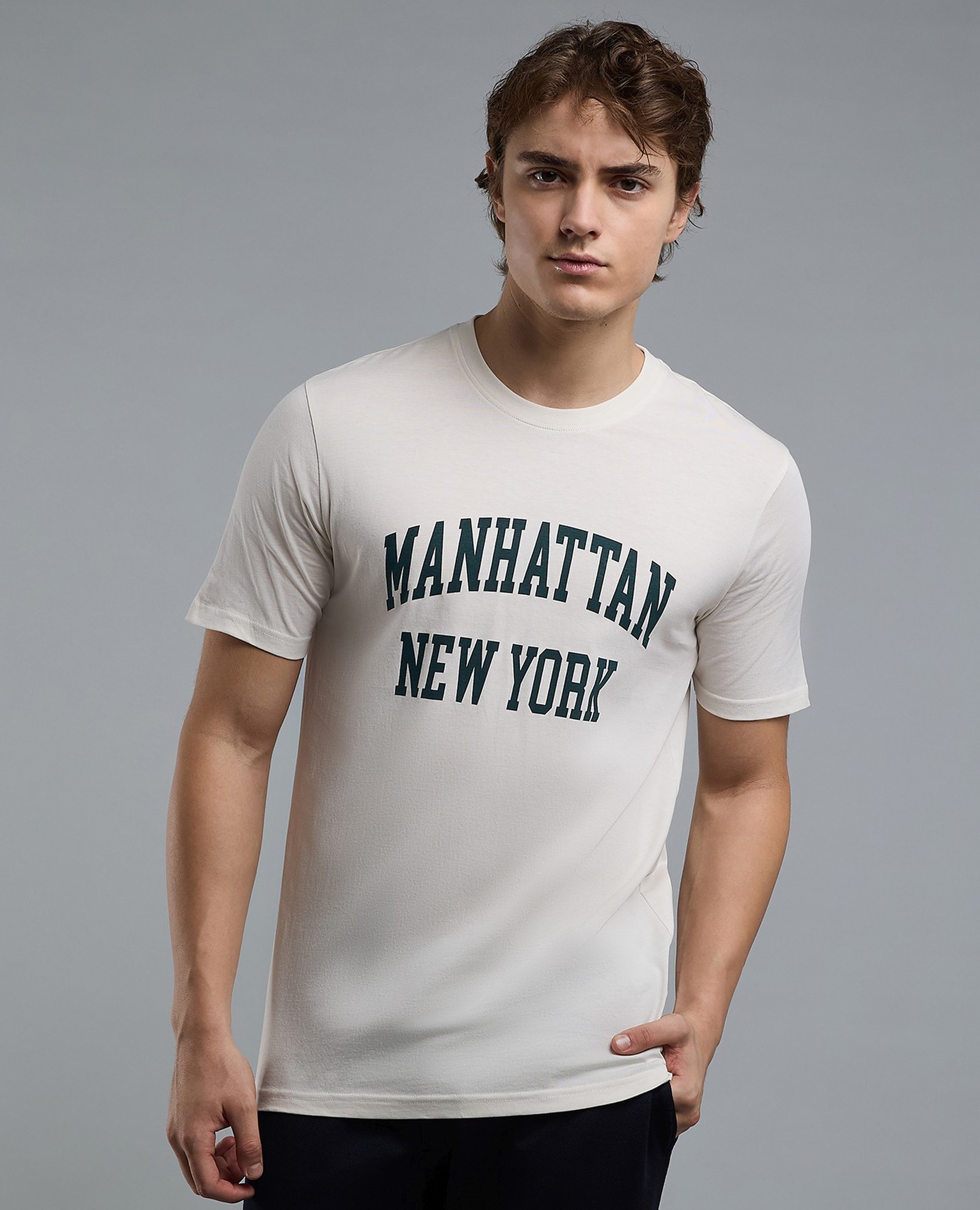 Typography Print T-Shirt with Crew Neck and Short Sleeves