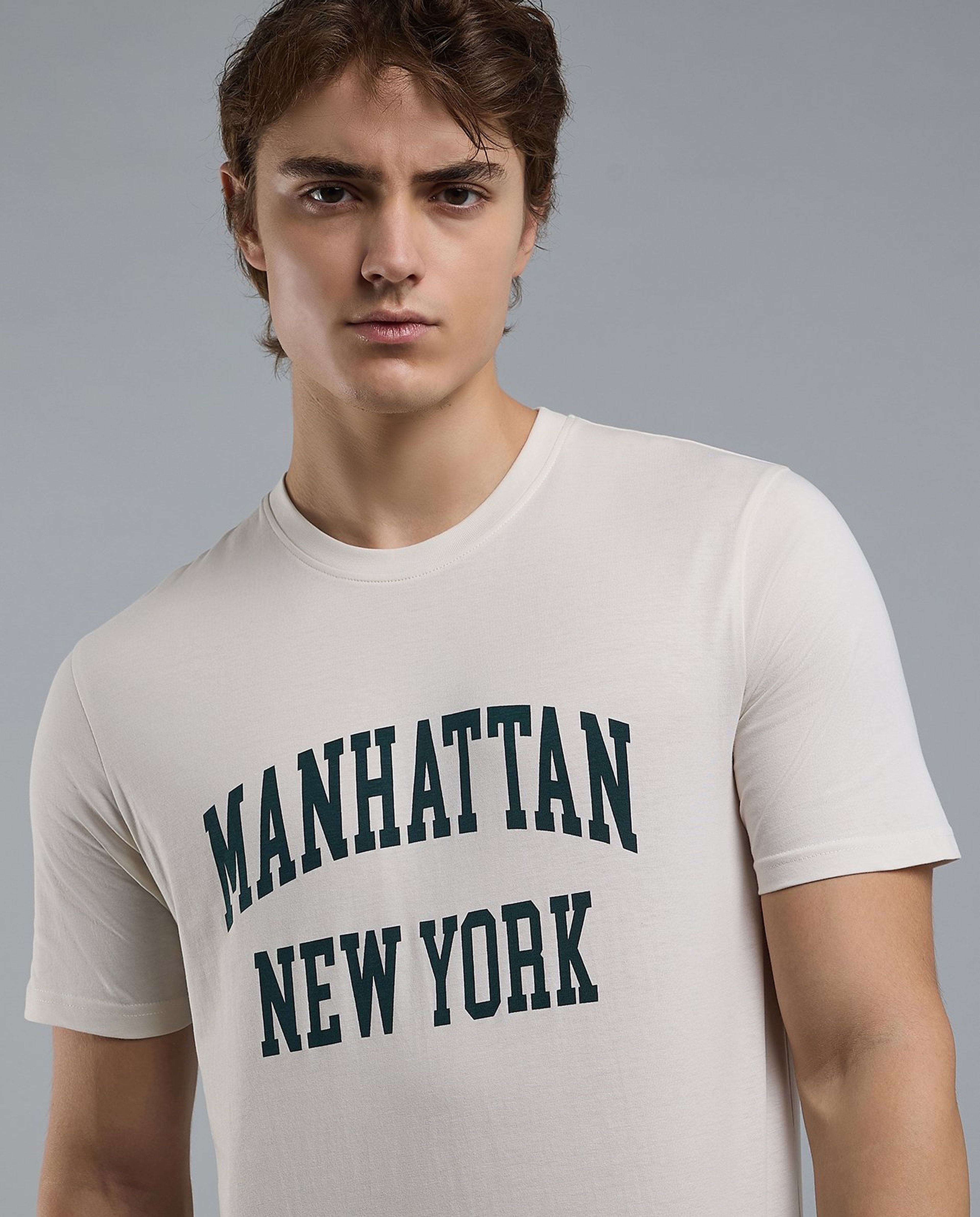 Typography Print T-Shirt with Crew Neck and Short Sleeves