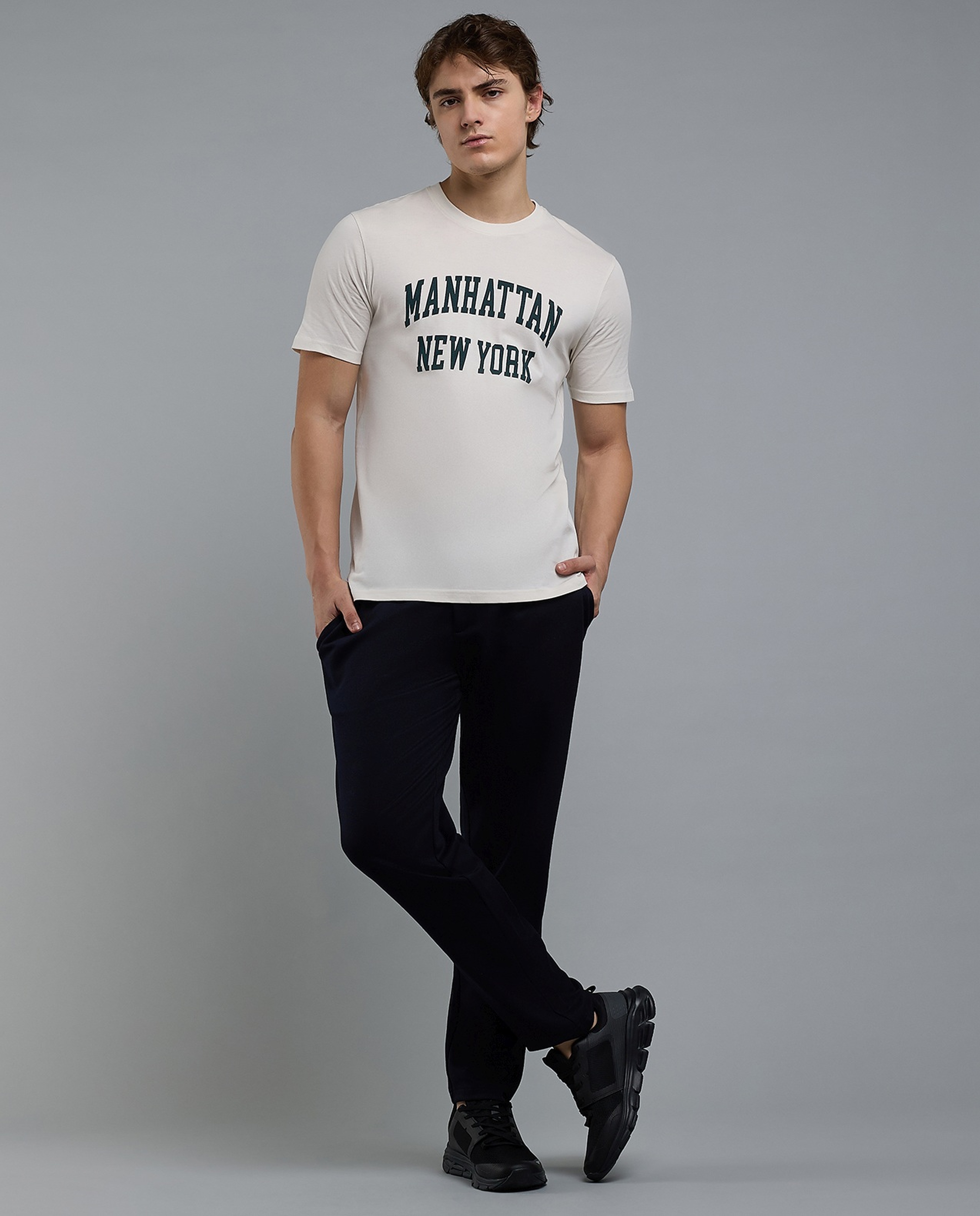Typography Print T-Shirt with Crew Neck and Short Sleeves