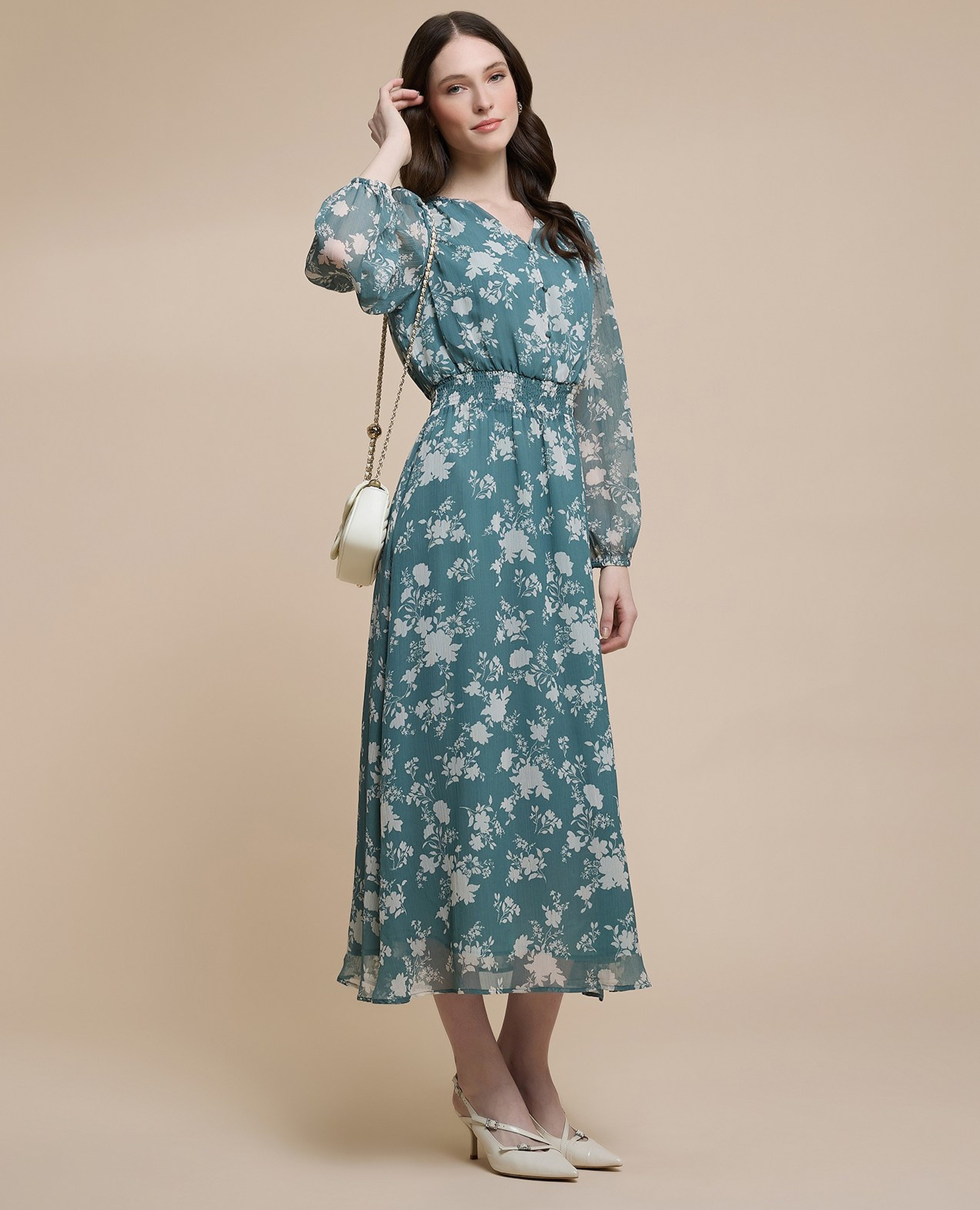 Printed Midi Dress with V-Neck and Puff Sleeves