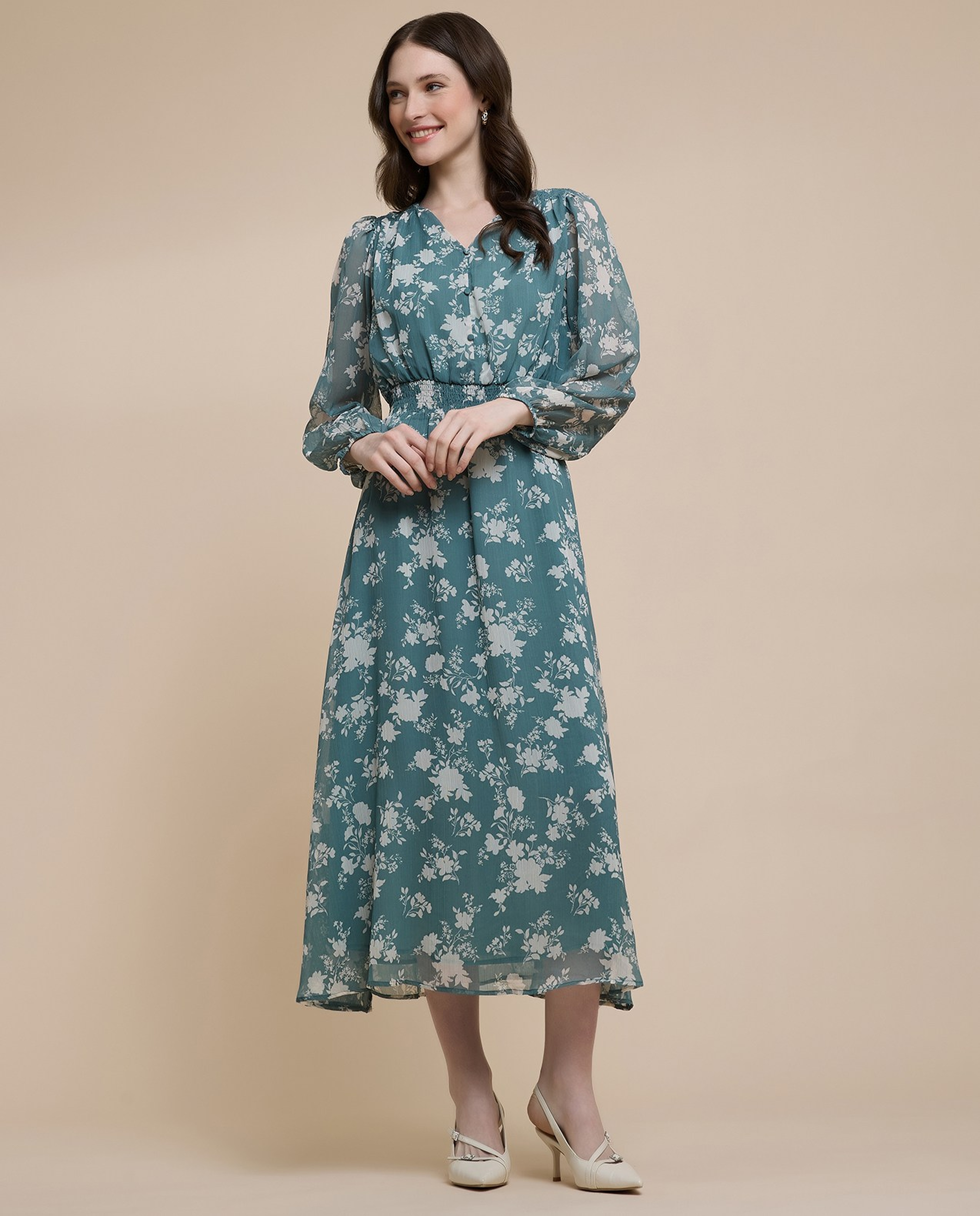 Printed Midi Dress with V-Neck and Puff Sleeves