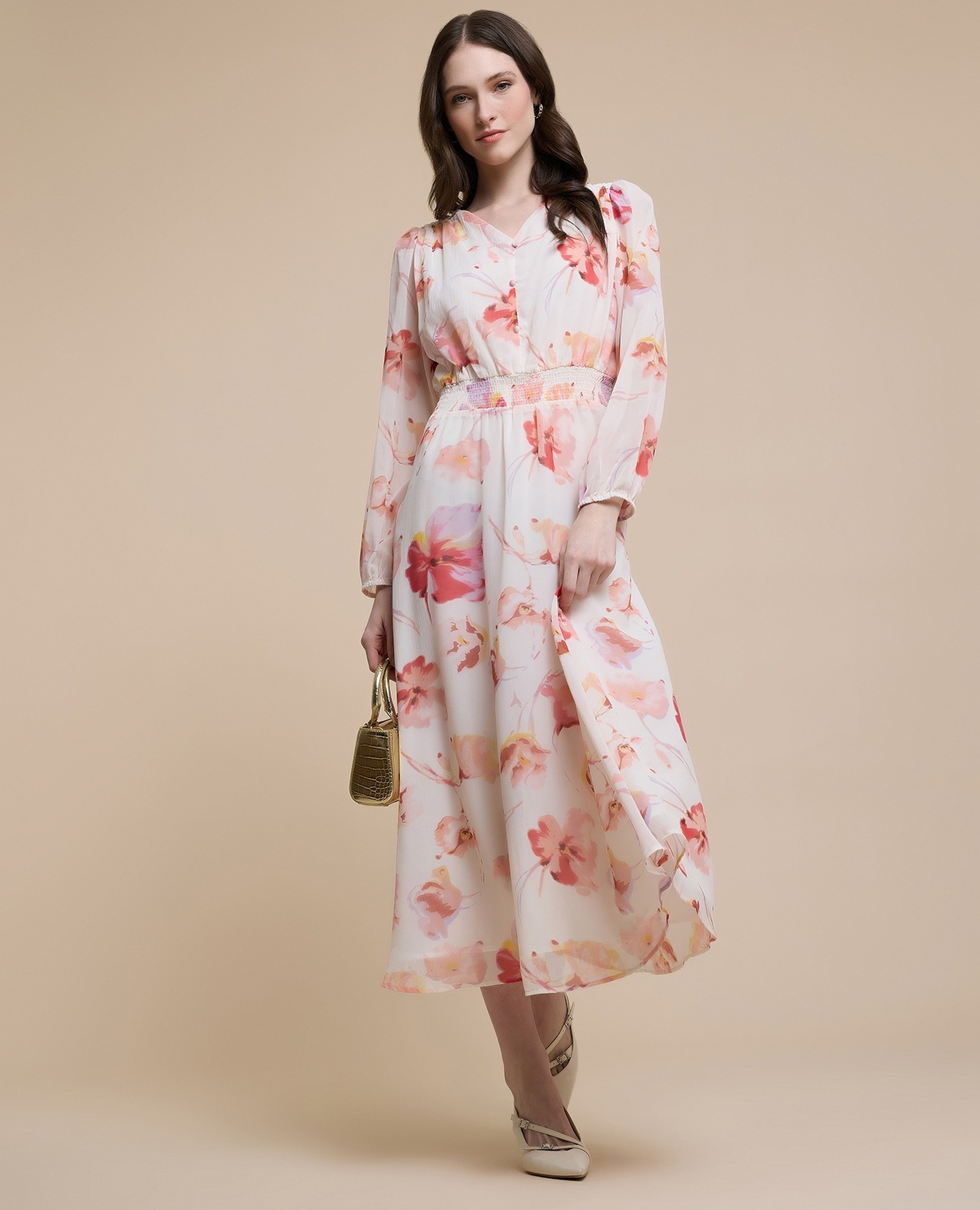 Printed Midi Dress with V-Neck and Puff Sleeves