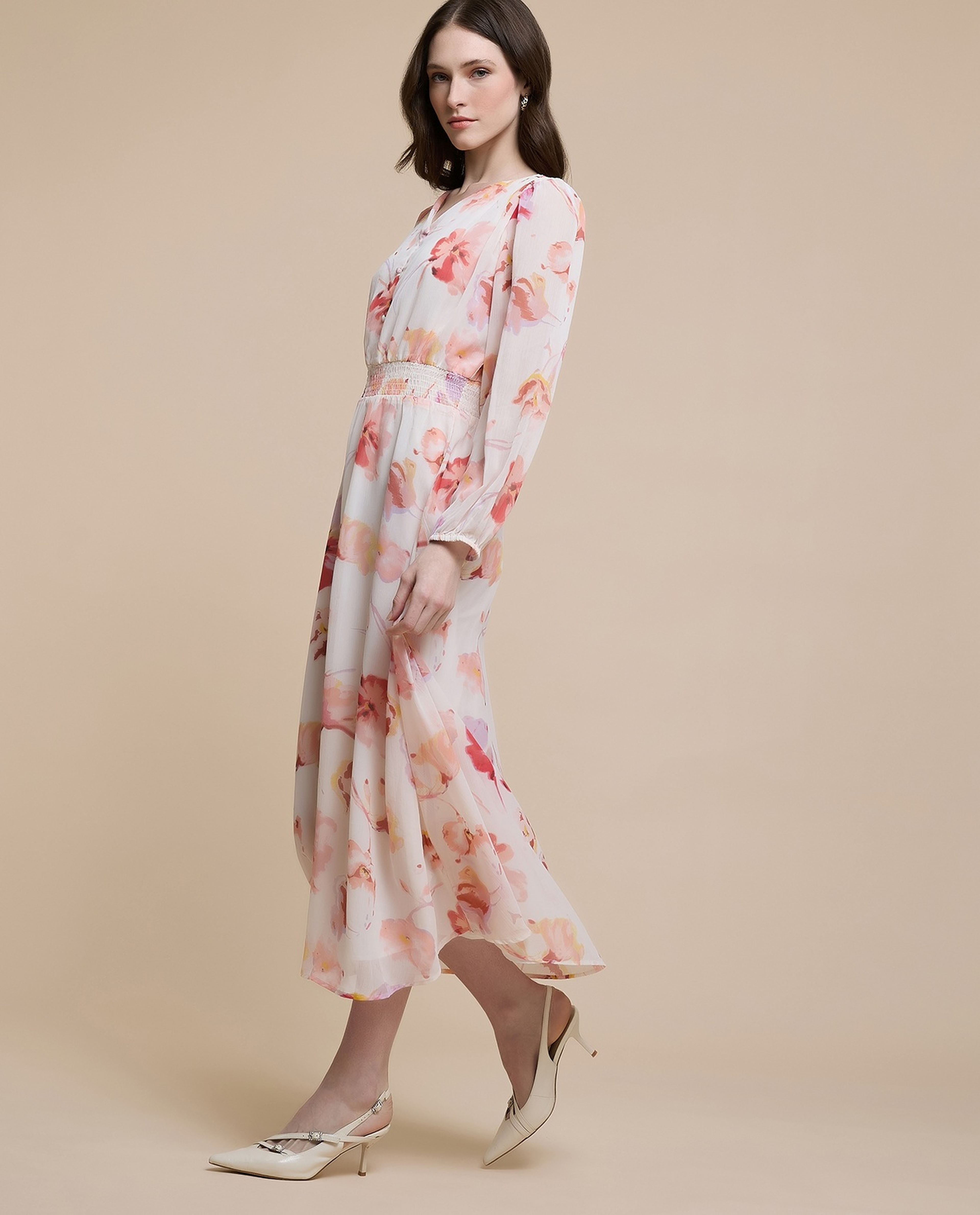 Printed Midi Dress with V-Neck and Puff Sleeves