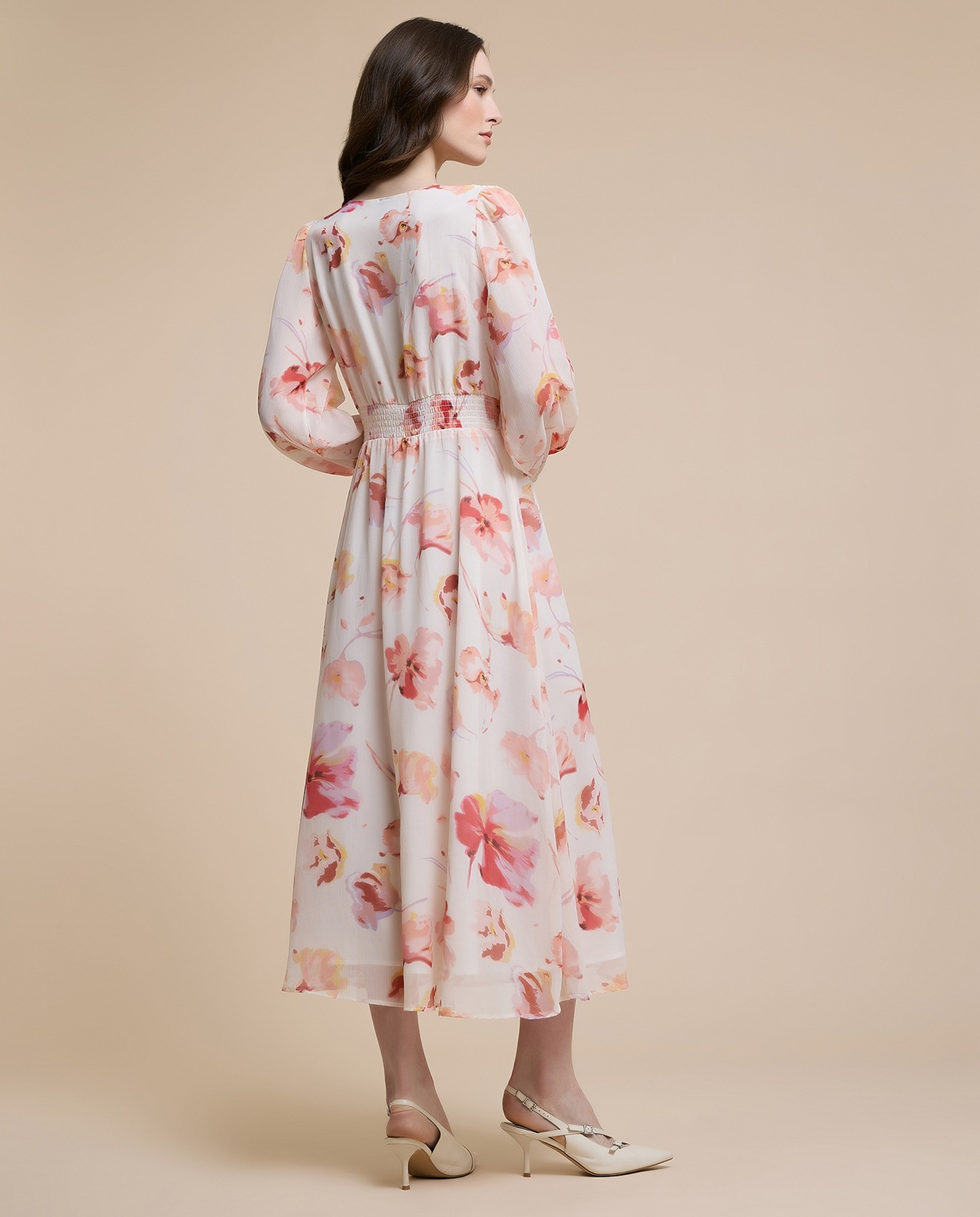 Printed Midi Dress with V-Neck and Puff Sleeves
