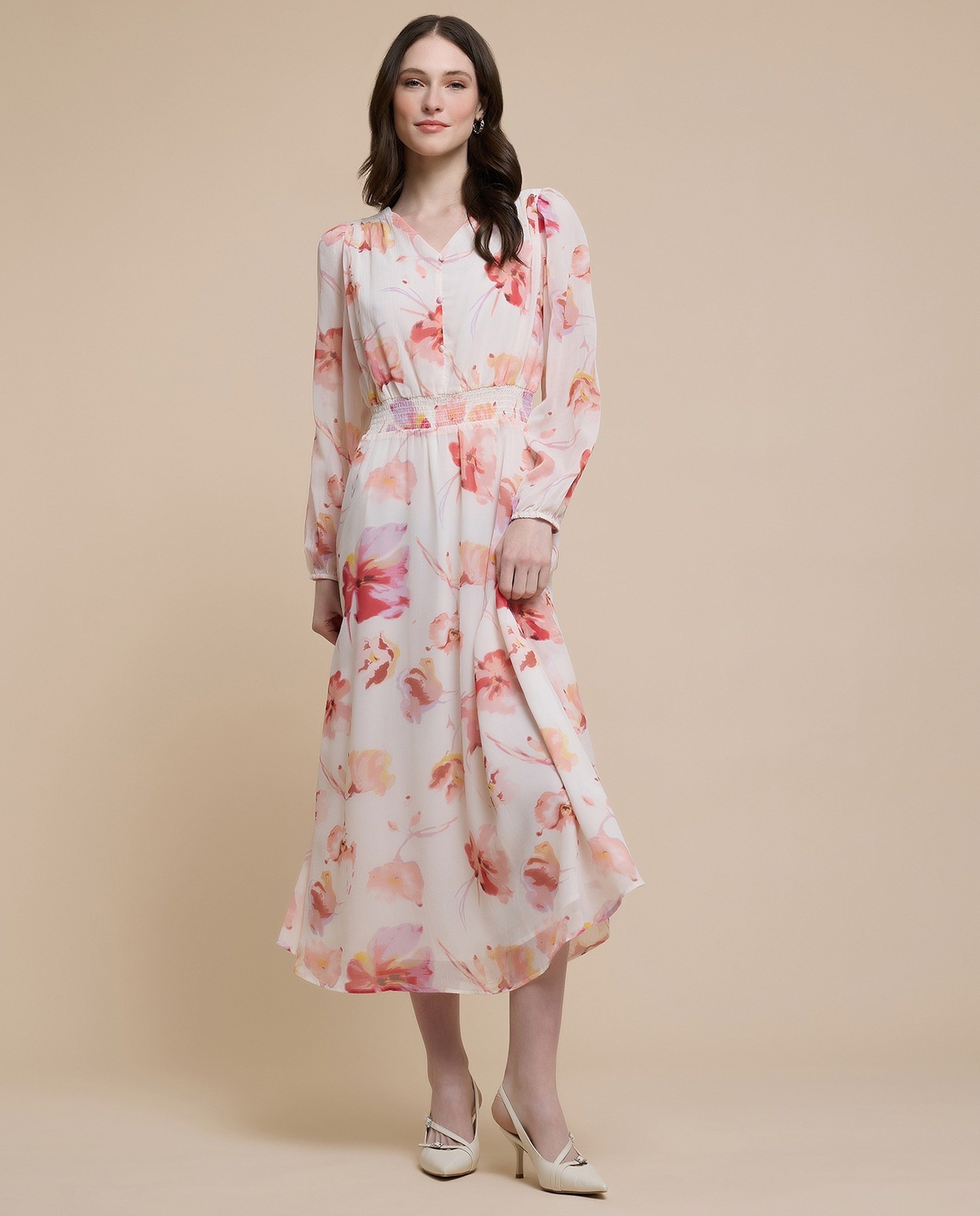 Printed Midi Dress with V-Neck and Puff Sleeves