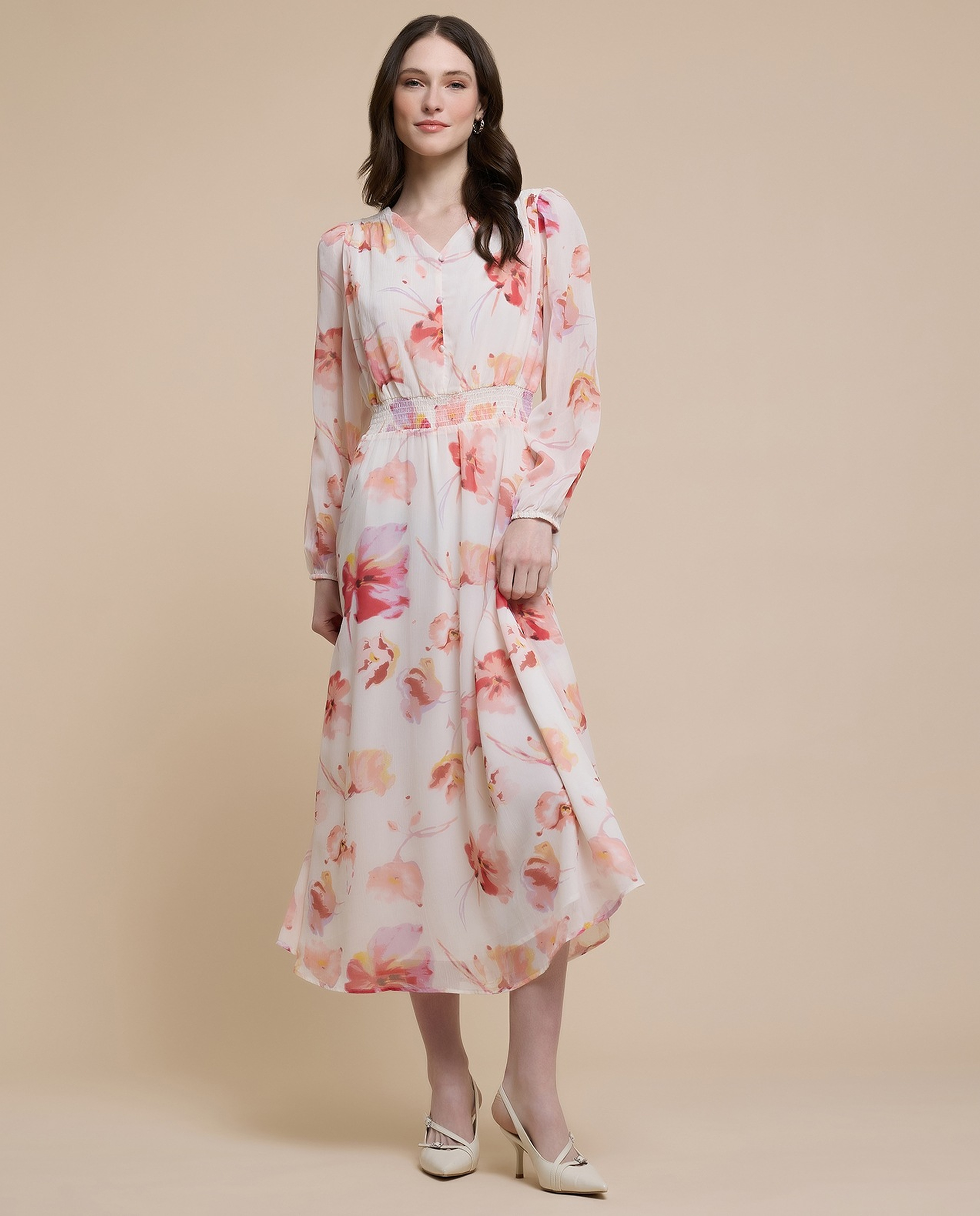 Printed Midi Dress with V-Neck and Puff Sleeves