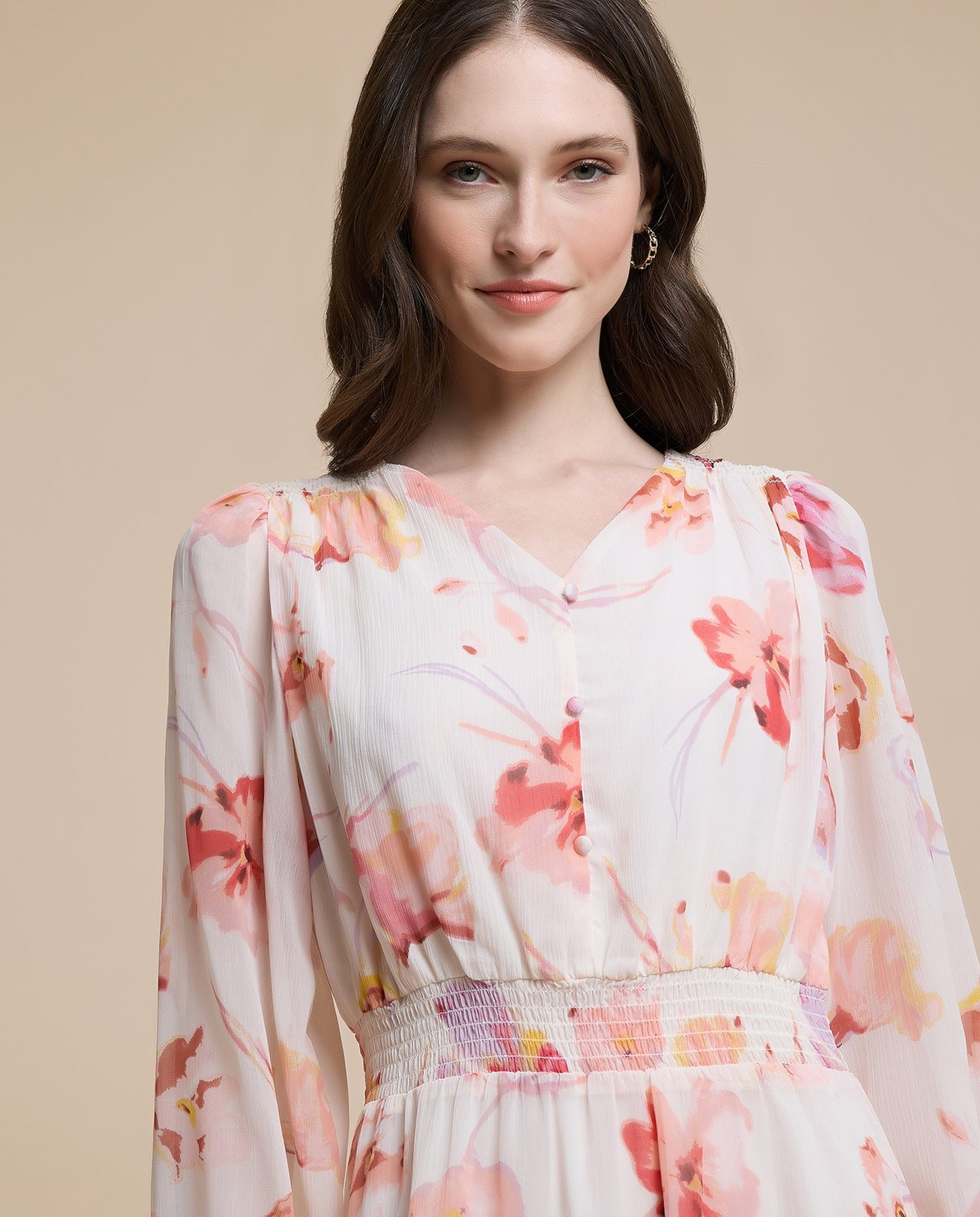 Printed Midi Dress with V-Neck and Puff Sleeves