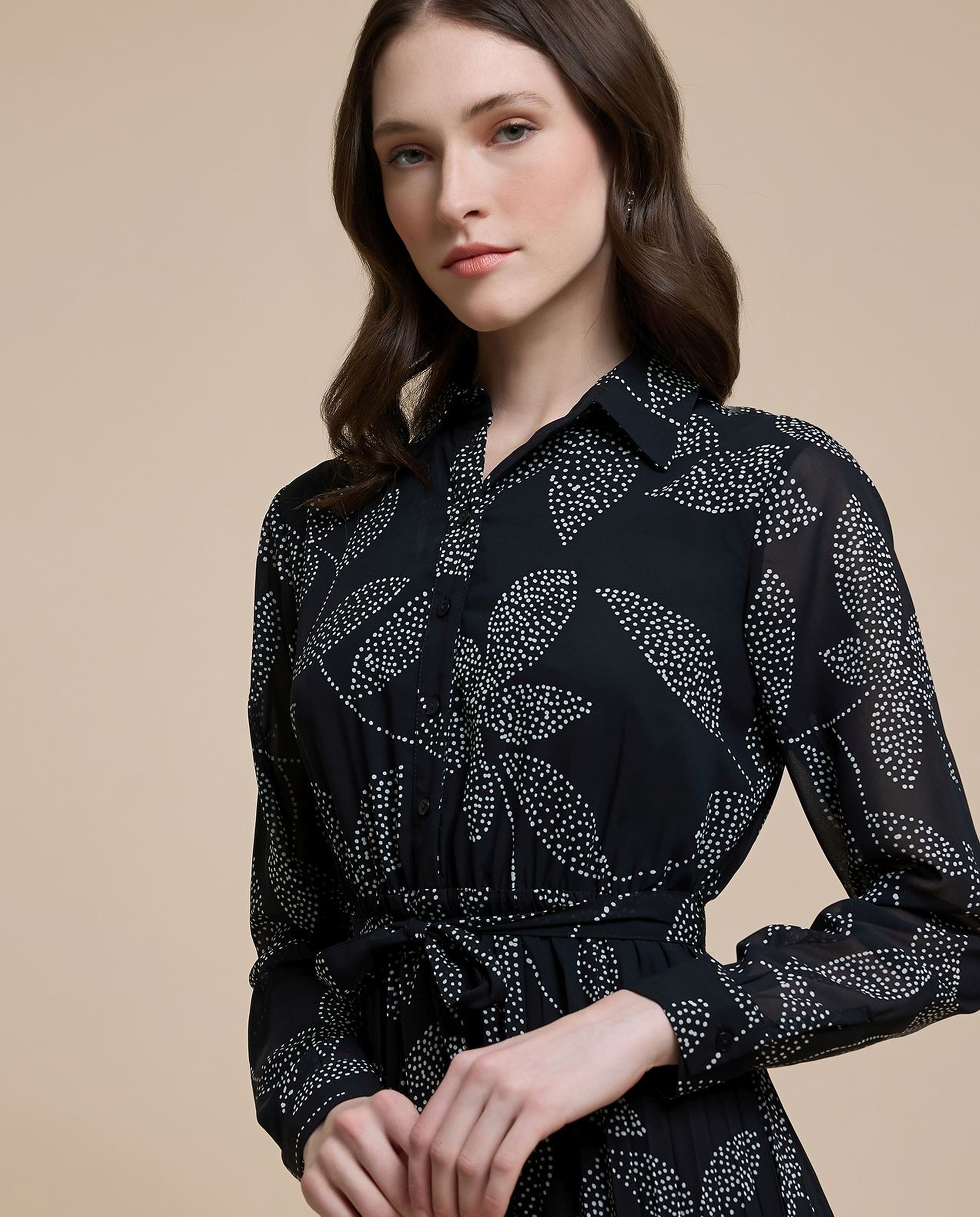 Printed Midi Dress with Stand Collar and Long Sleeves