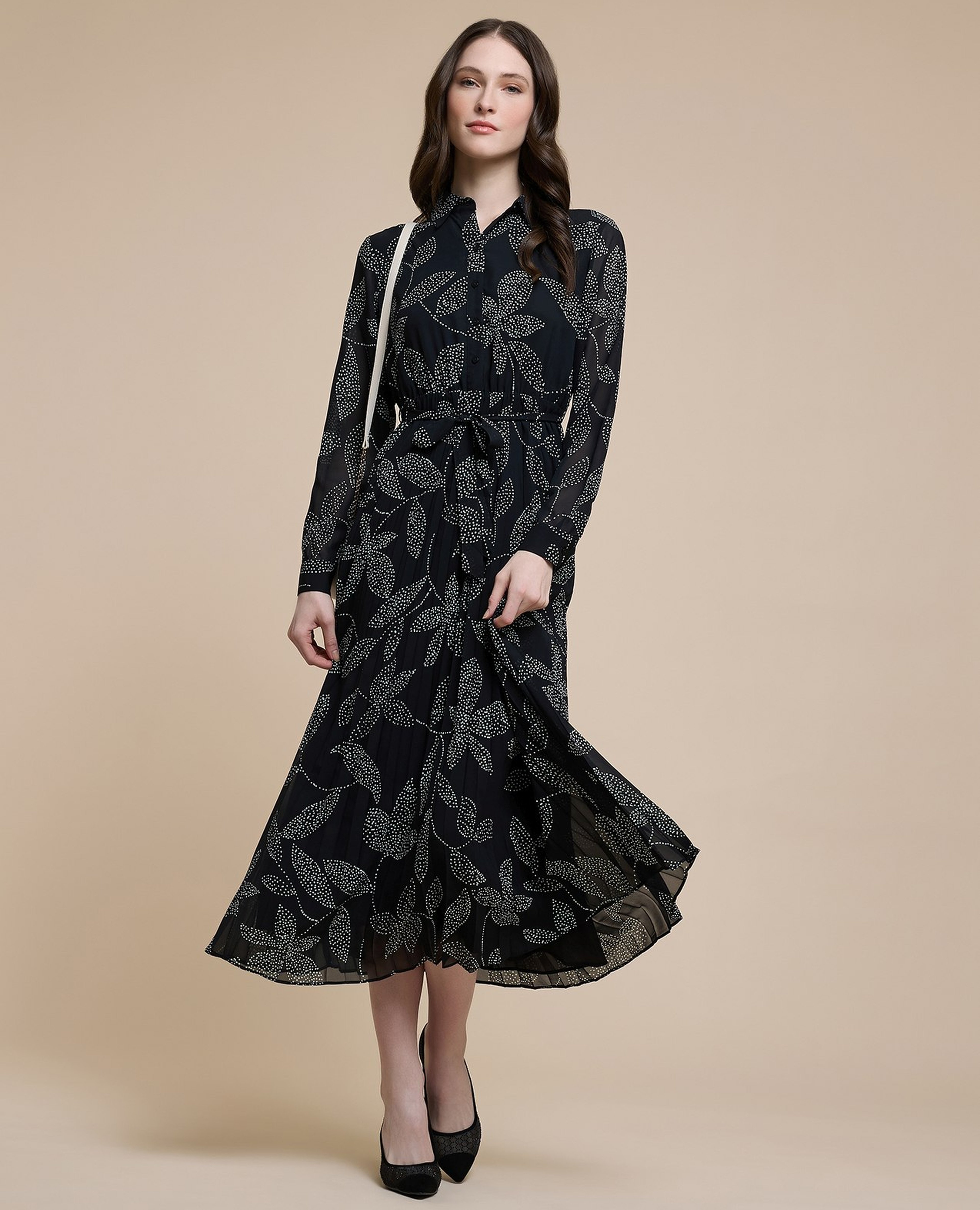 Printed Midi Dress with Stand Collar and Long Sleeves