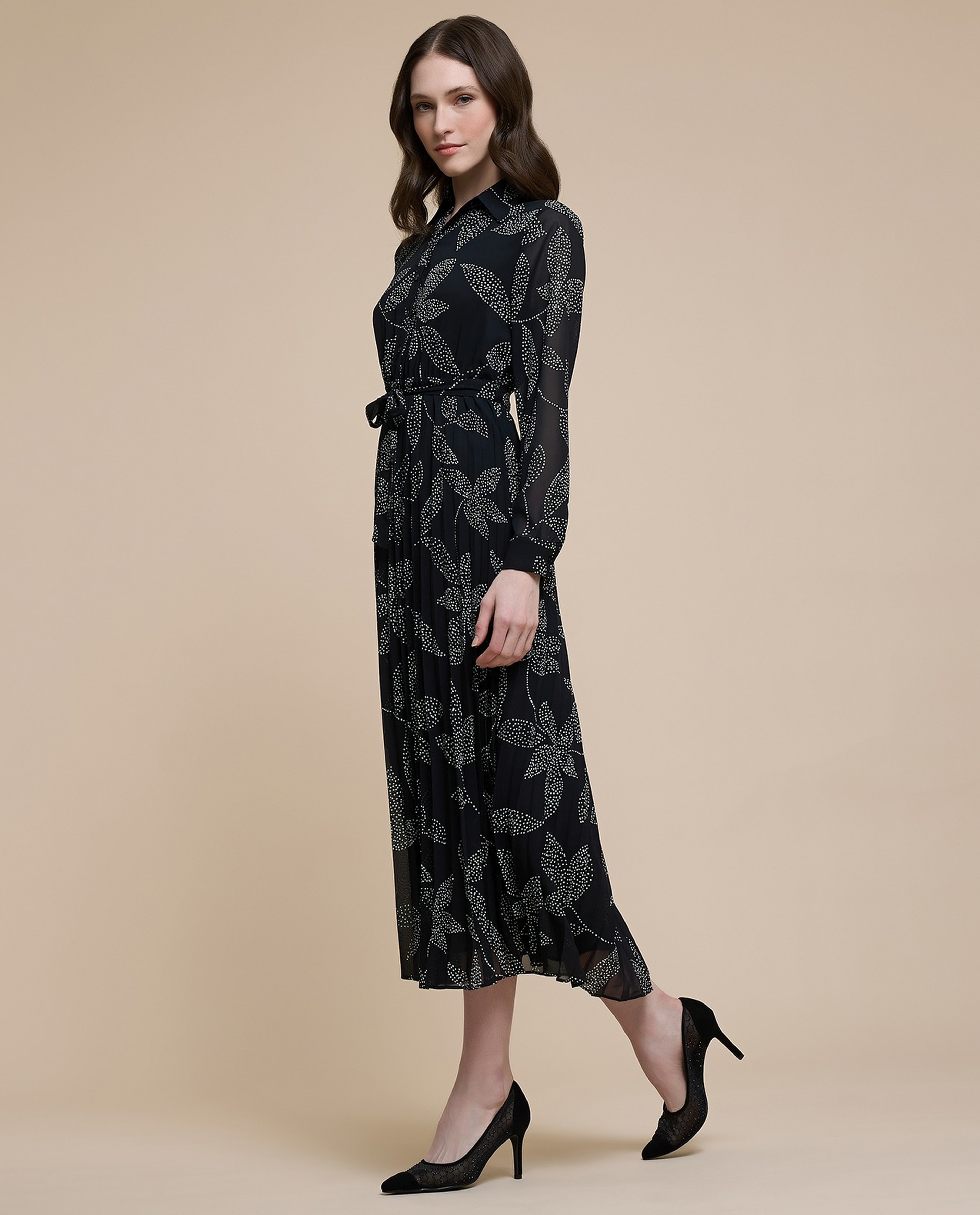 Printed Midi Dress with Stand Collar and Long Sleeves