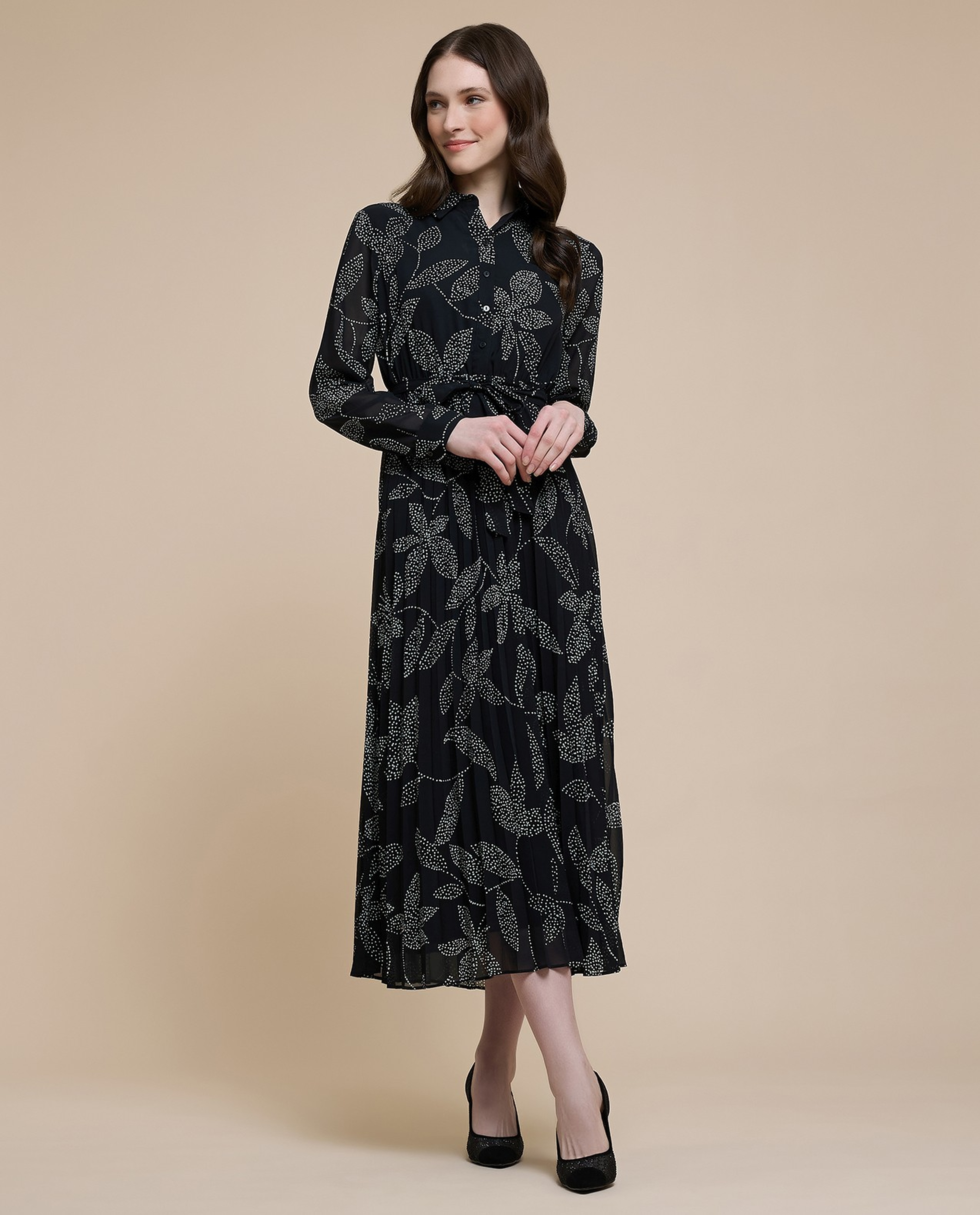 Printed Midi Dress with Stand Collar and Long Sleeves