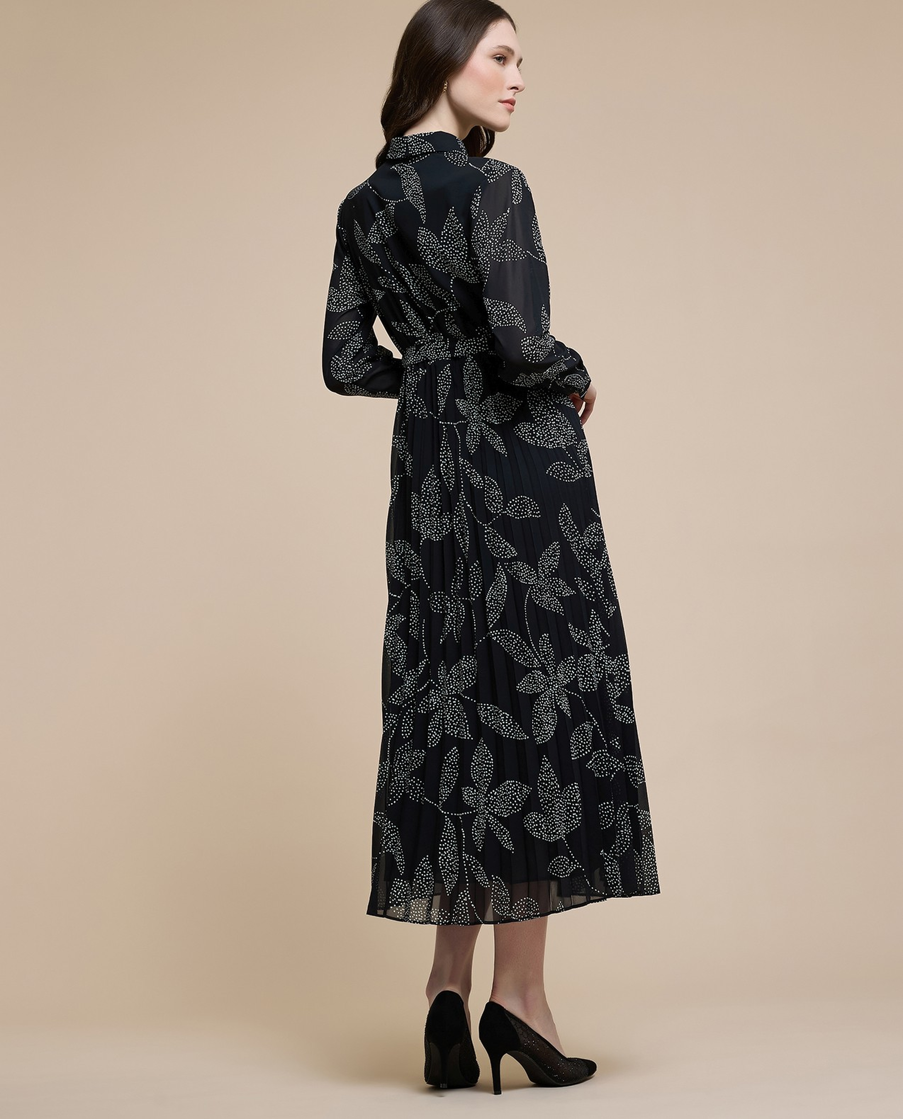 Printed Midi Dress with Stand Collar and Long Sleeves