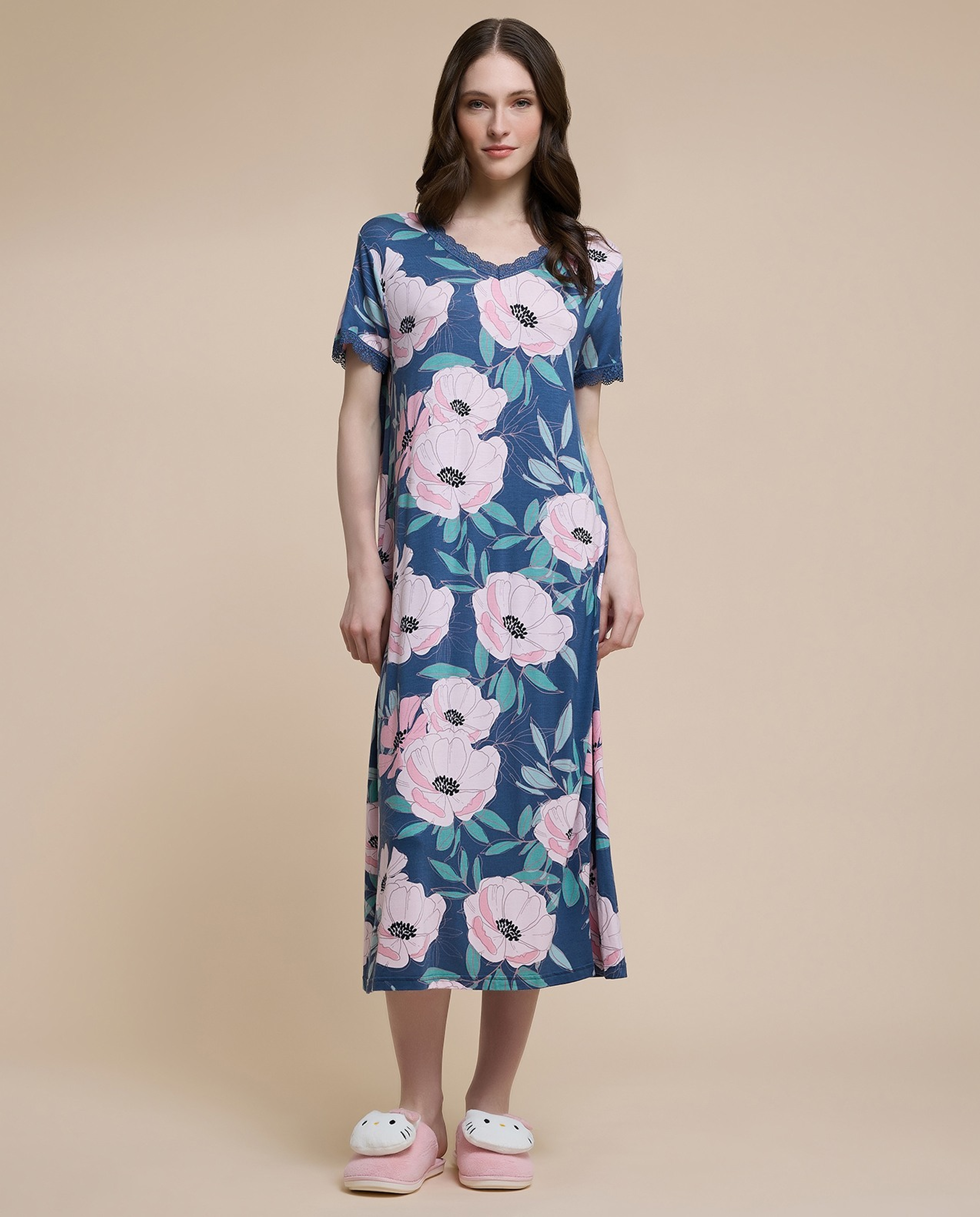 Floral Print Nightgown with Short Sleeves