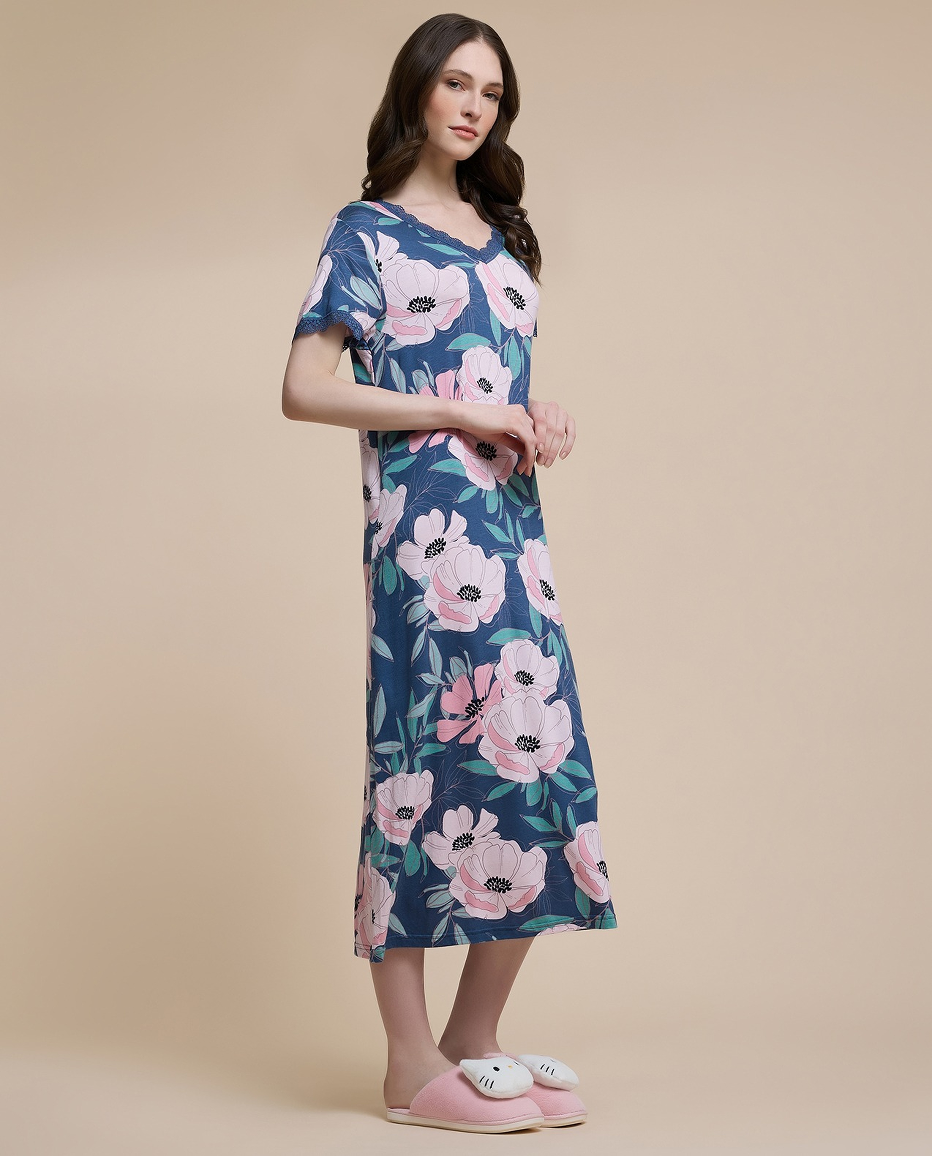 Floral Print Nightgown with Short Sleeves