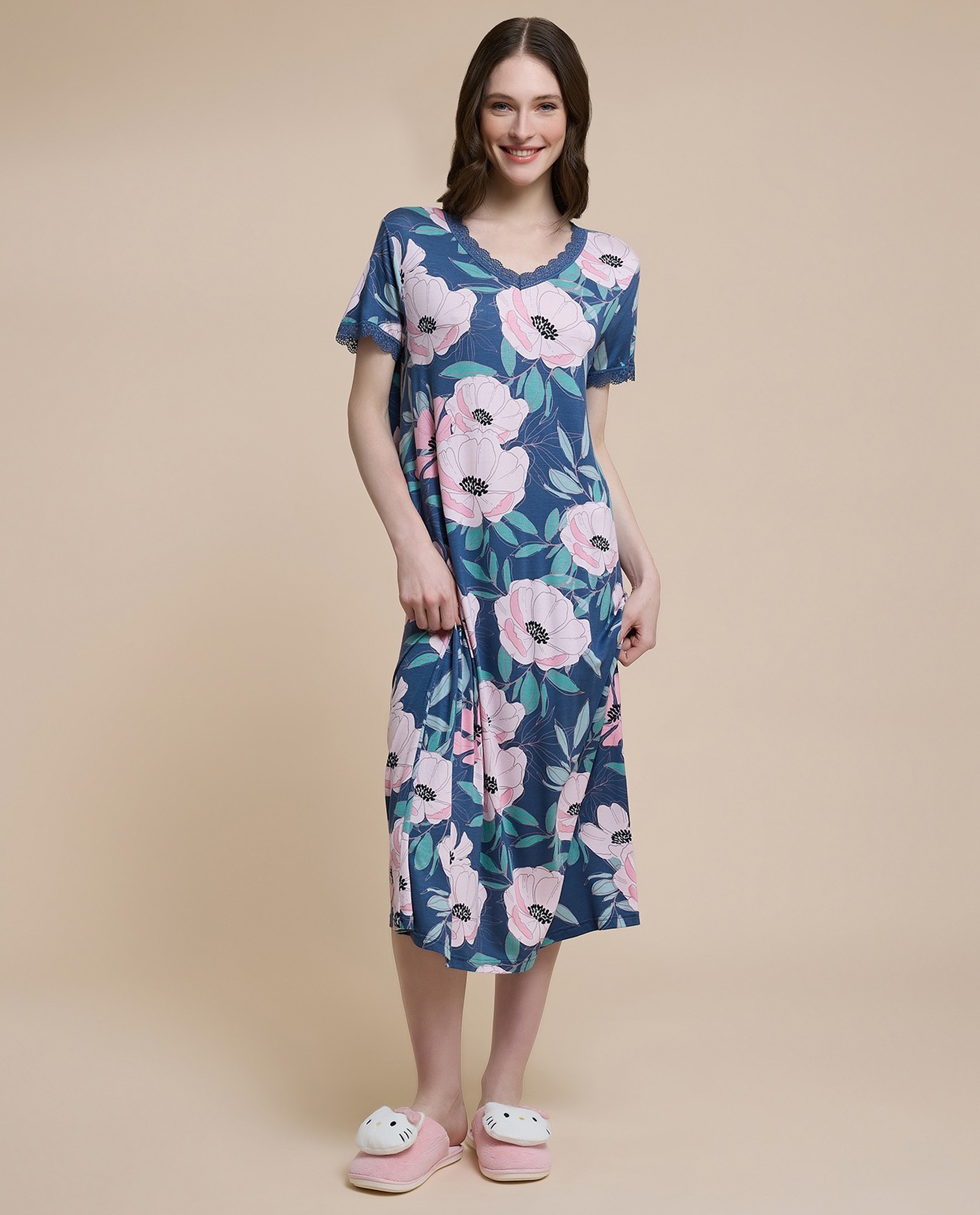 Floral Print Nightgown with Short Sleeves