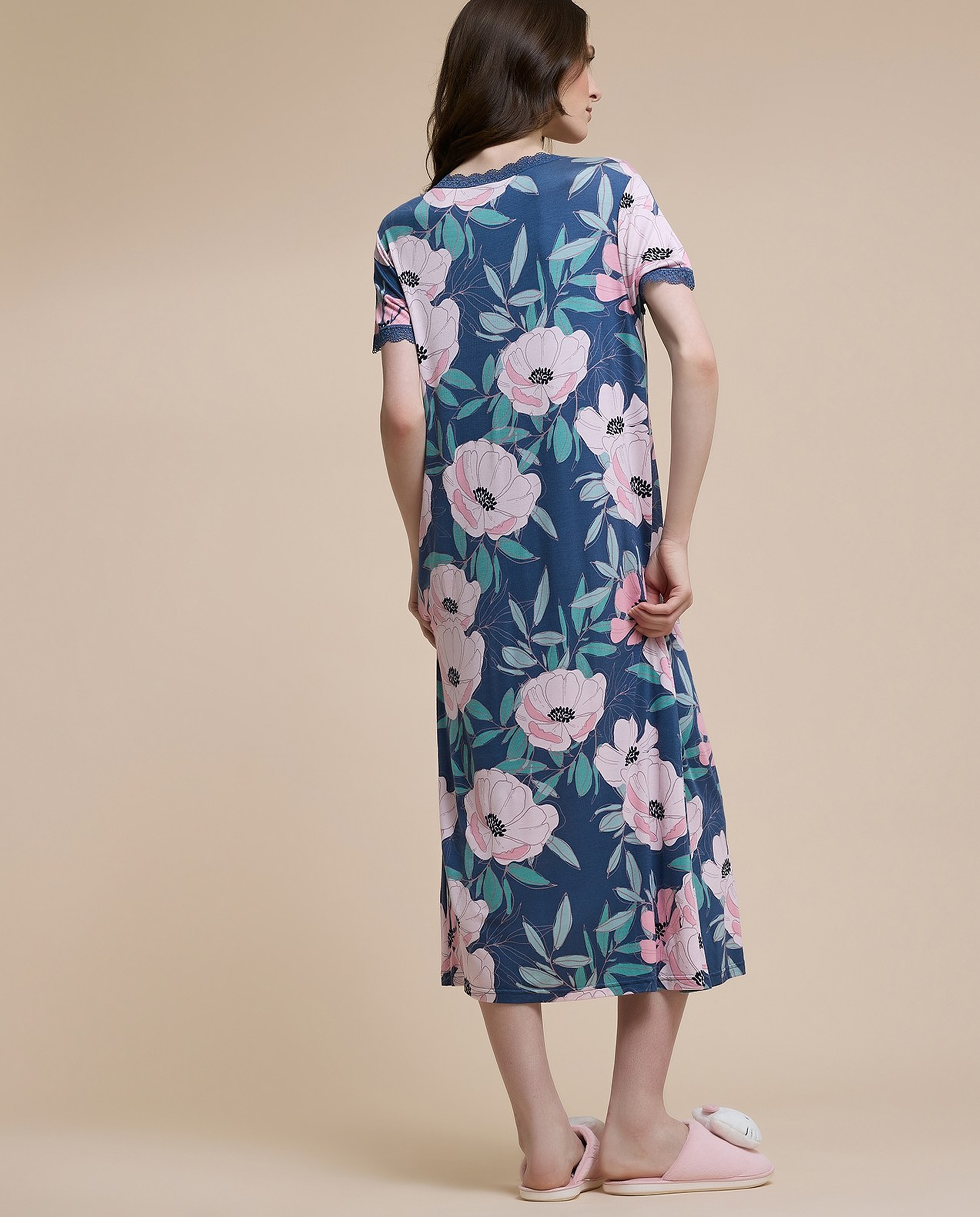 Floral Print Nightgown with Short Sleeves