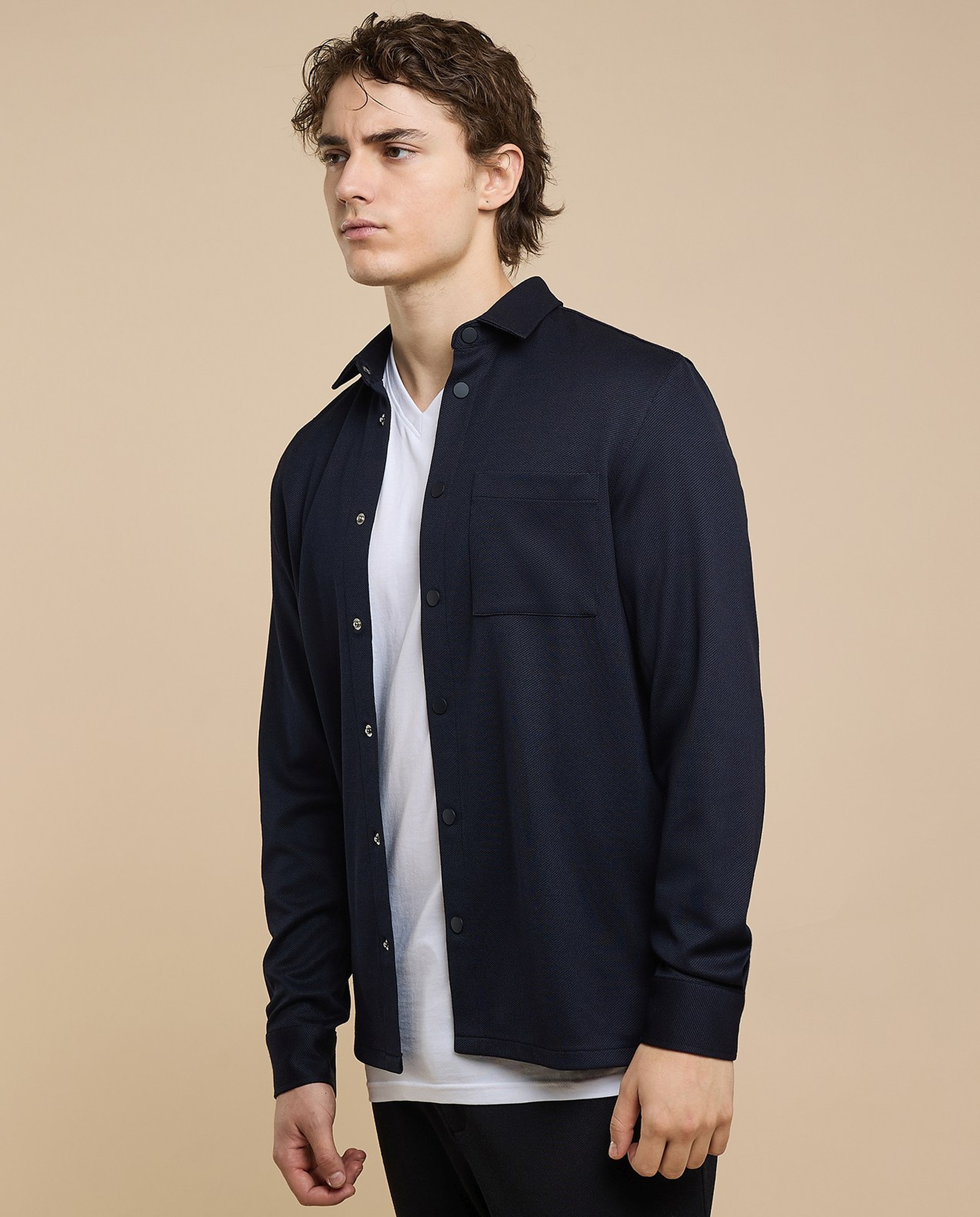 Solid Shirt with Classic Collar and Long Sleeves