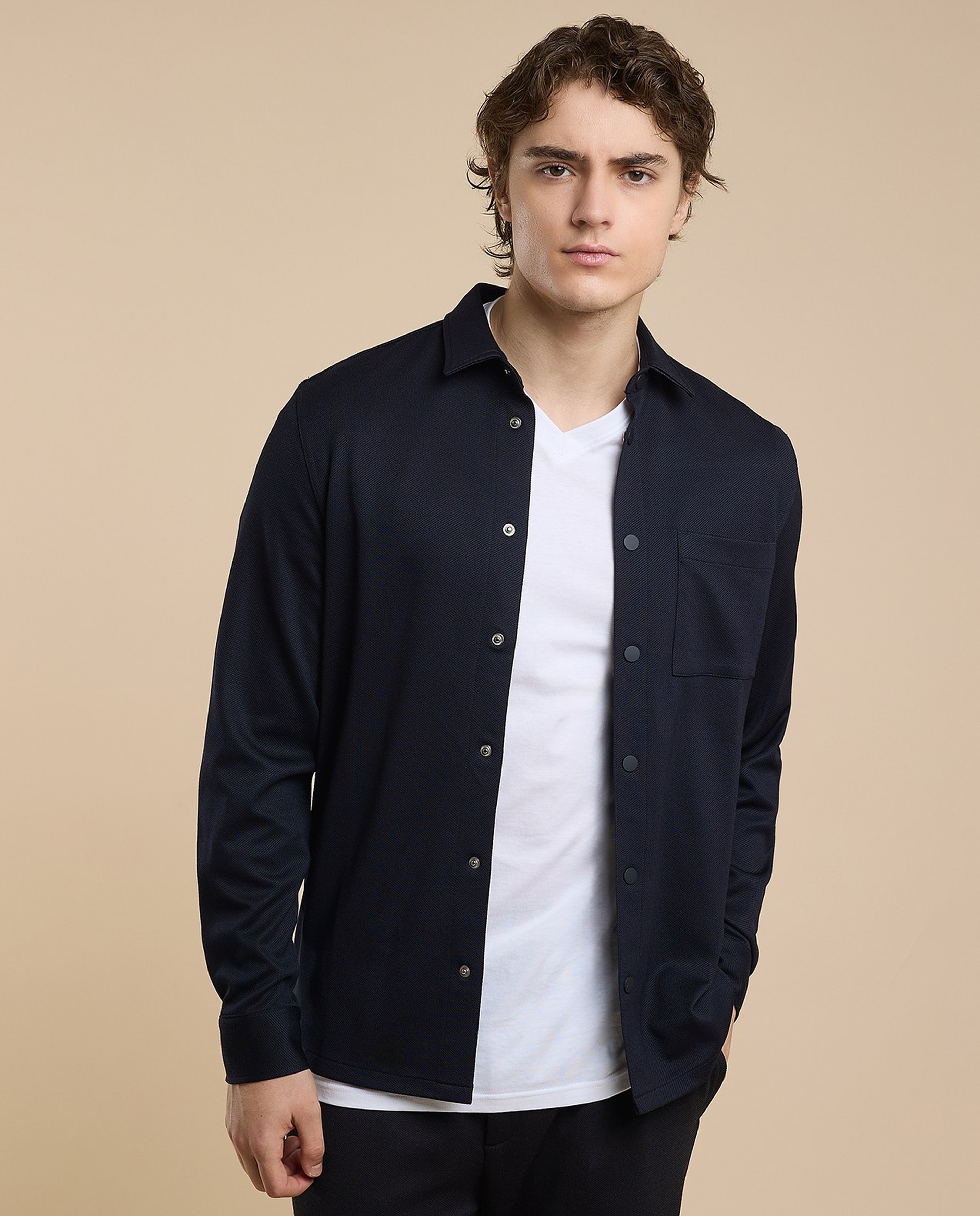 Solid Shirt with Classic Collar and Long Sleeves