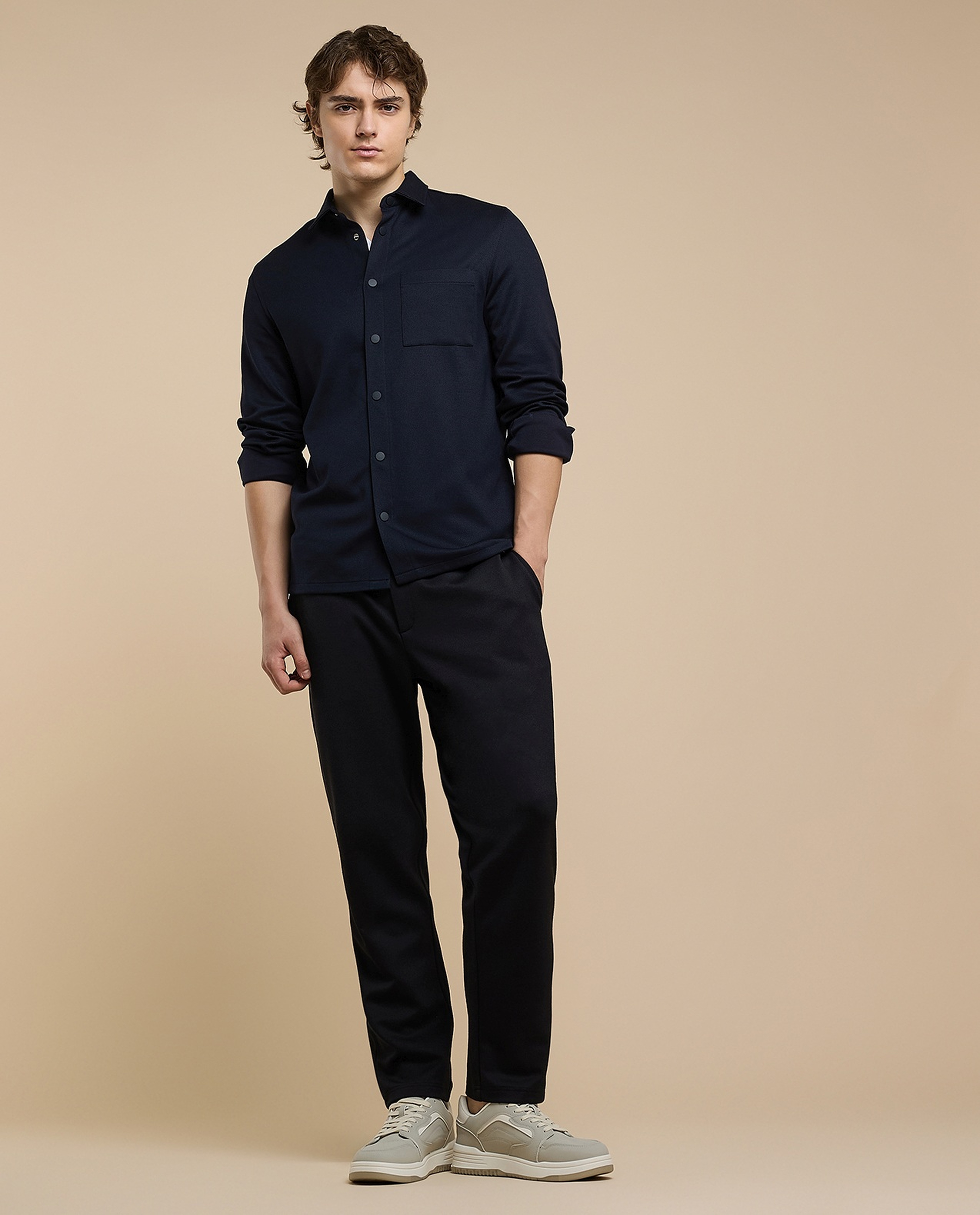 Solid Shirt with Classic Collar and Long Sleeves