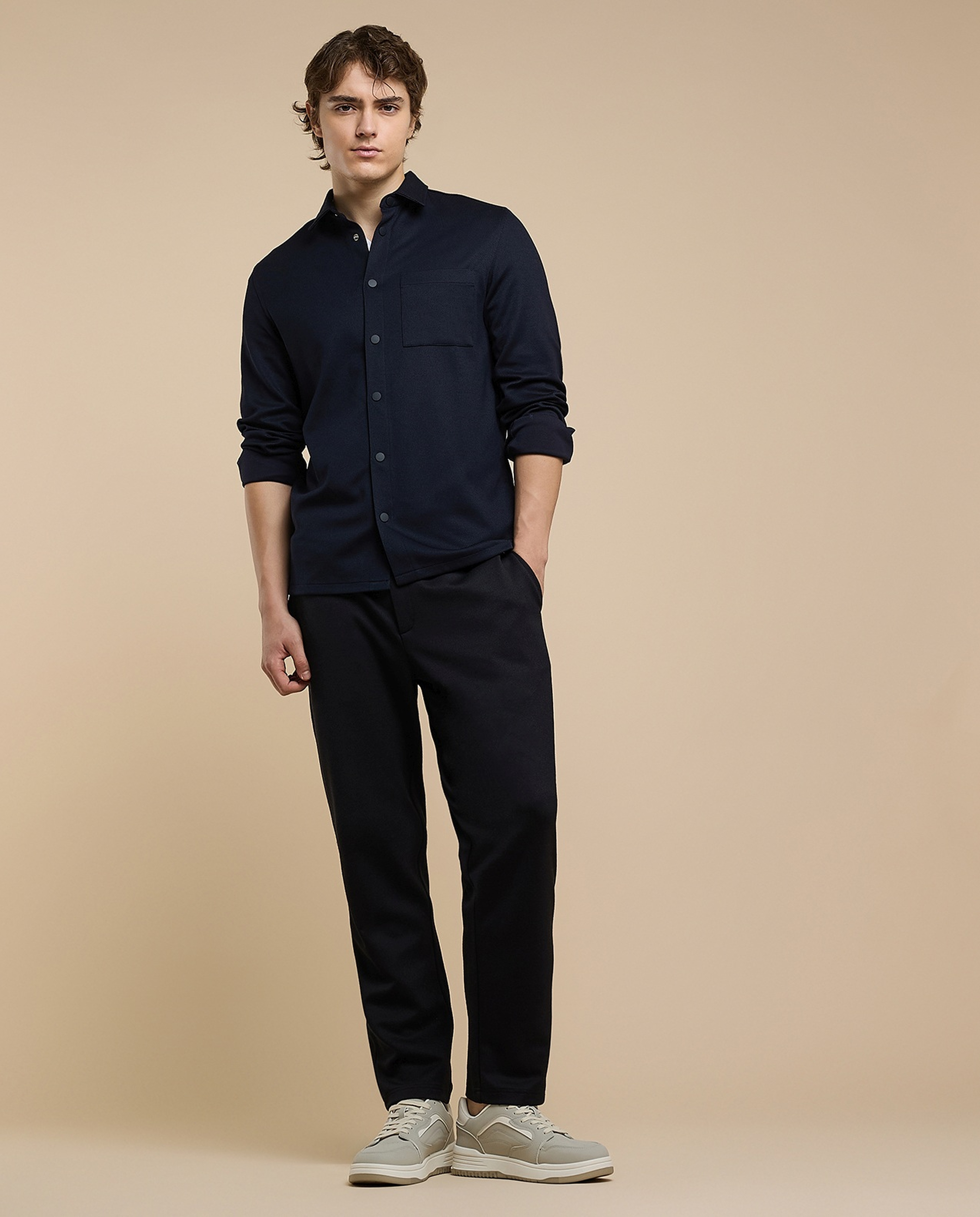 Solid Shirt with Classic Collar and Long Sleeves