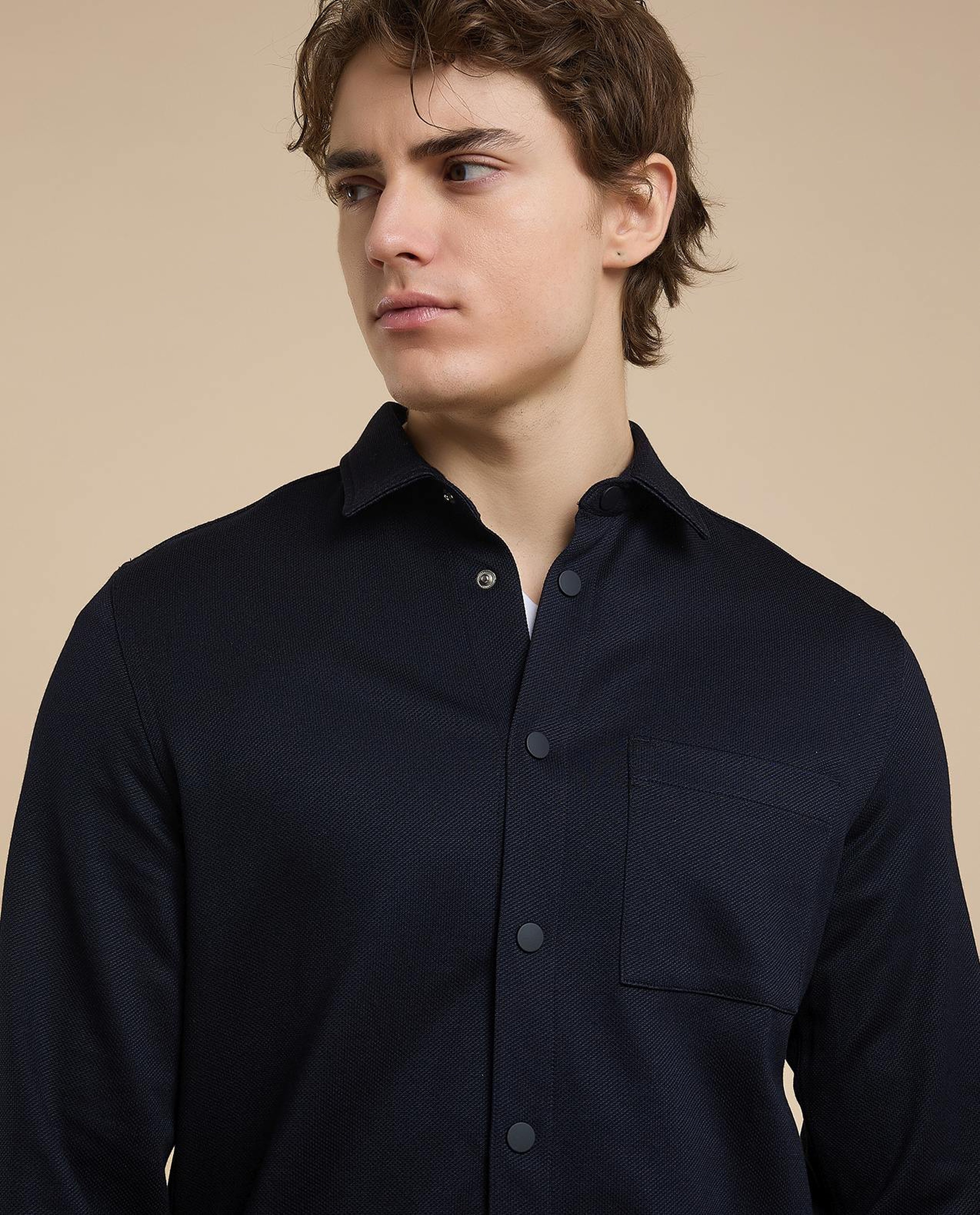 Solid Shirt with Classic Collar and Long Sleeves