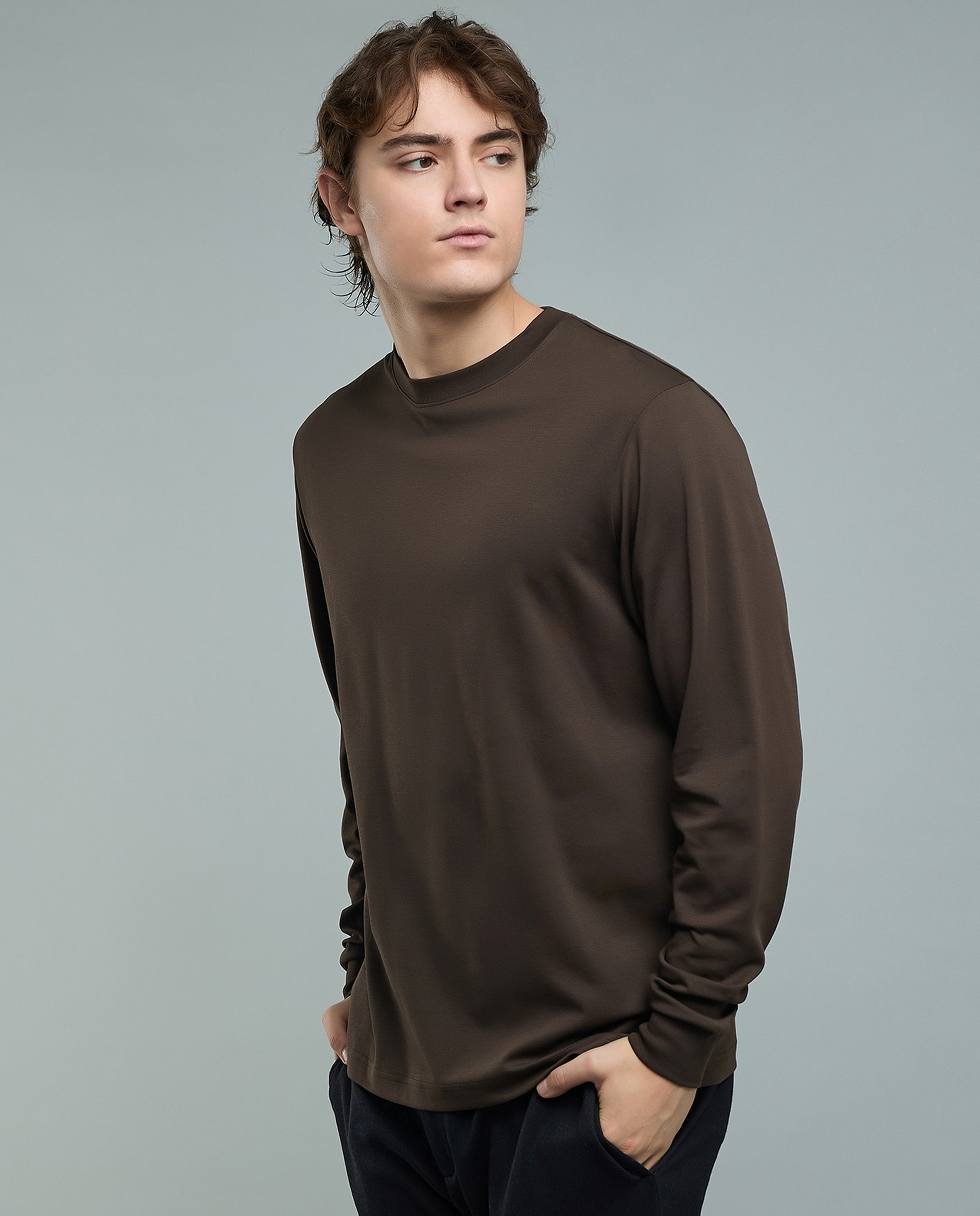 Solid T-Shirt with Crew Neck and Long Sleeves
