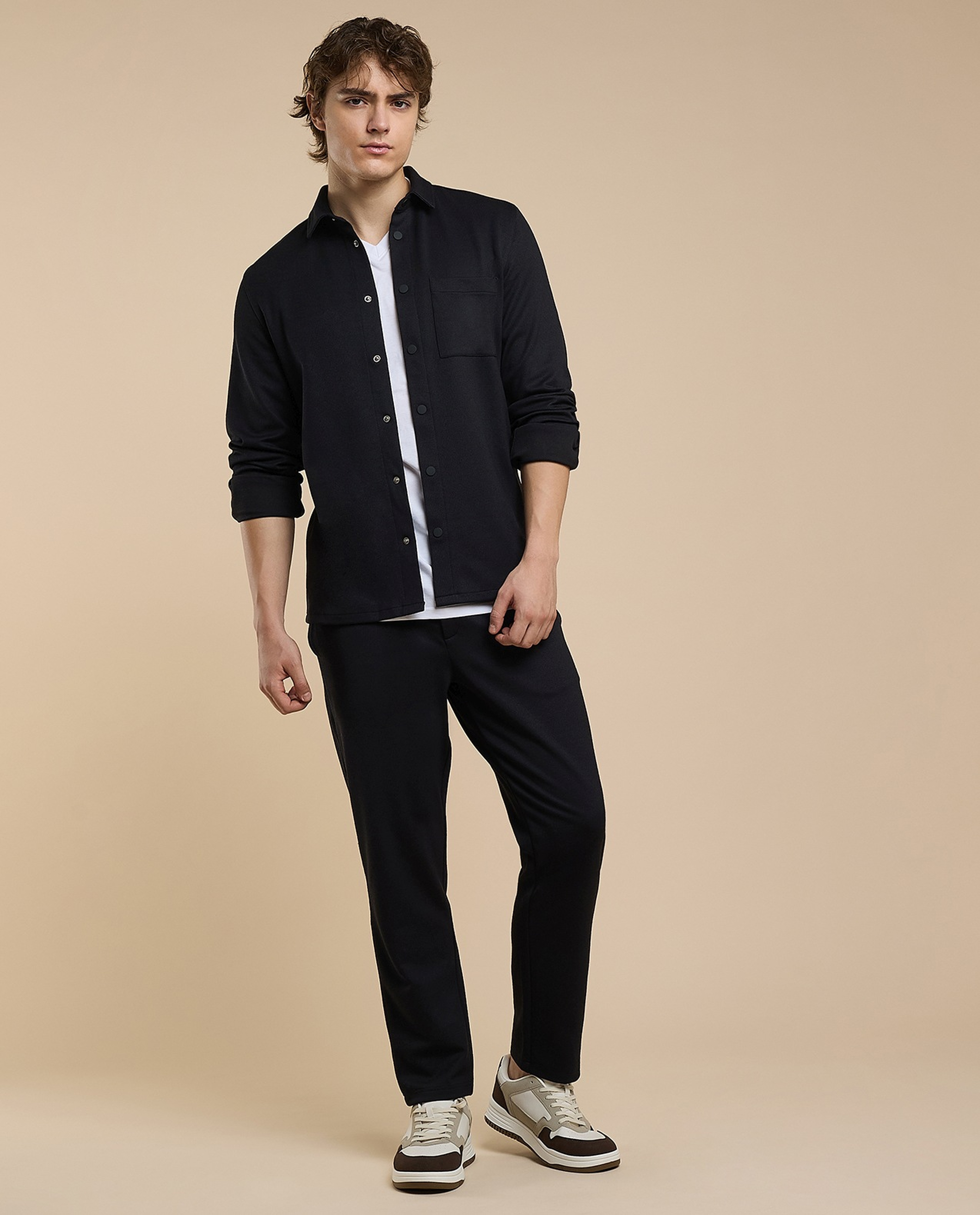 Solid Shirt with Classic Collar and Long Sleeves