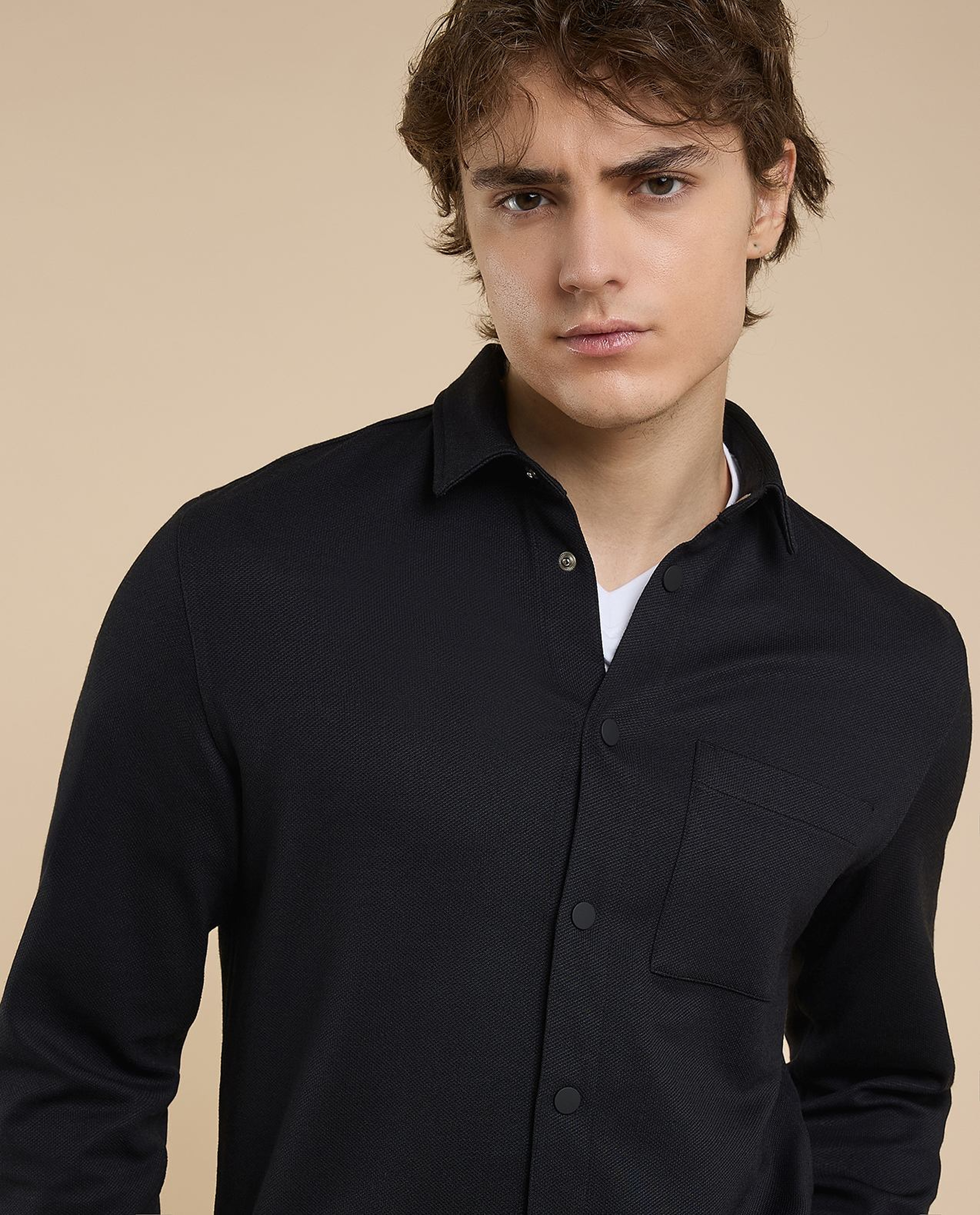 Solid Shirt with Classic Collar and Long Sleeves