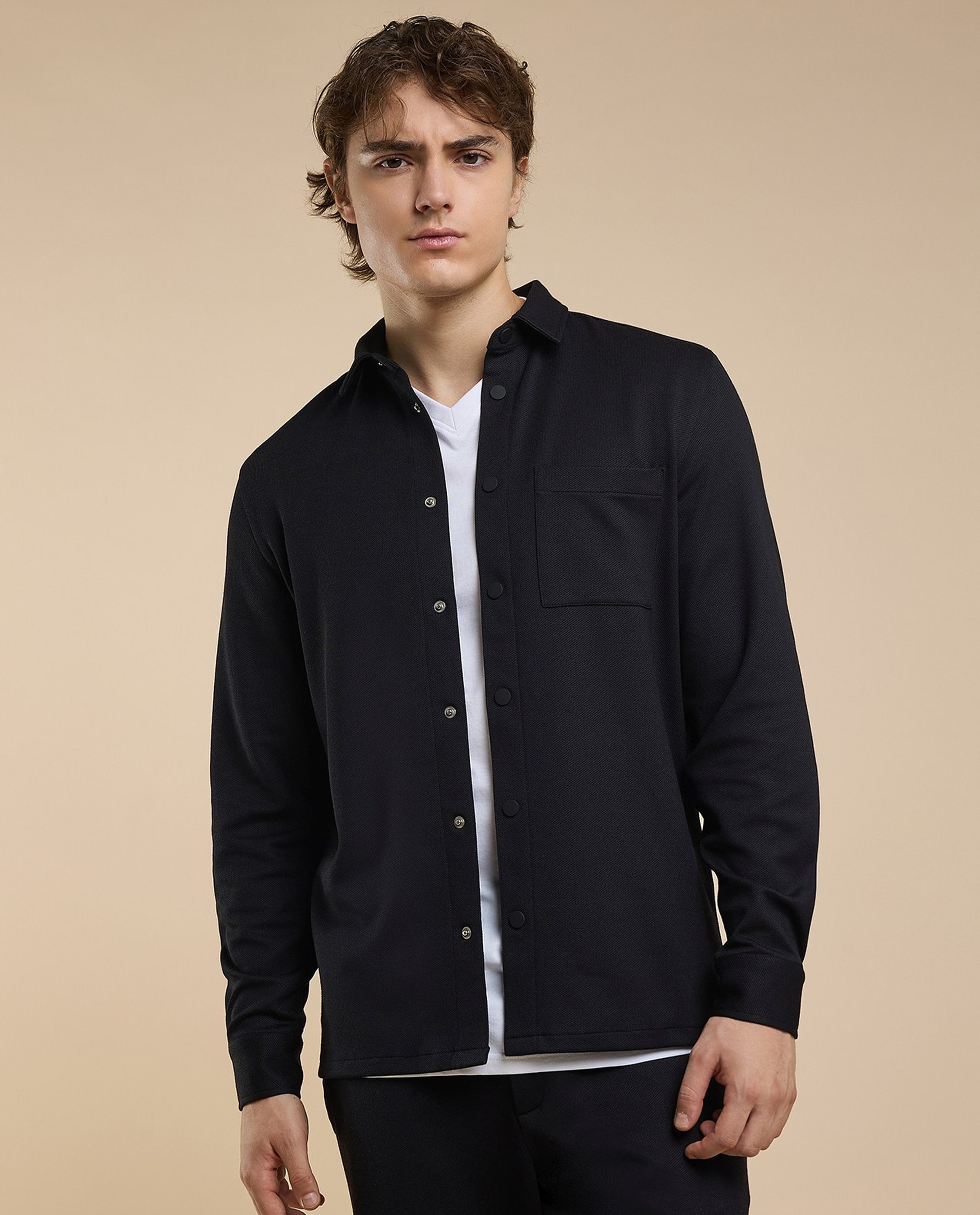 Solid Shirt with Classic Collar and Long Sleeves