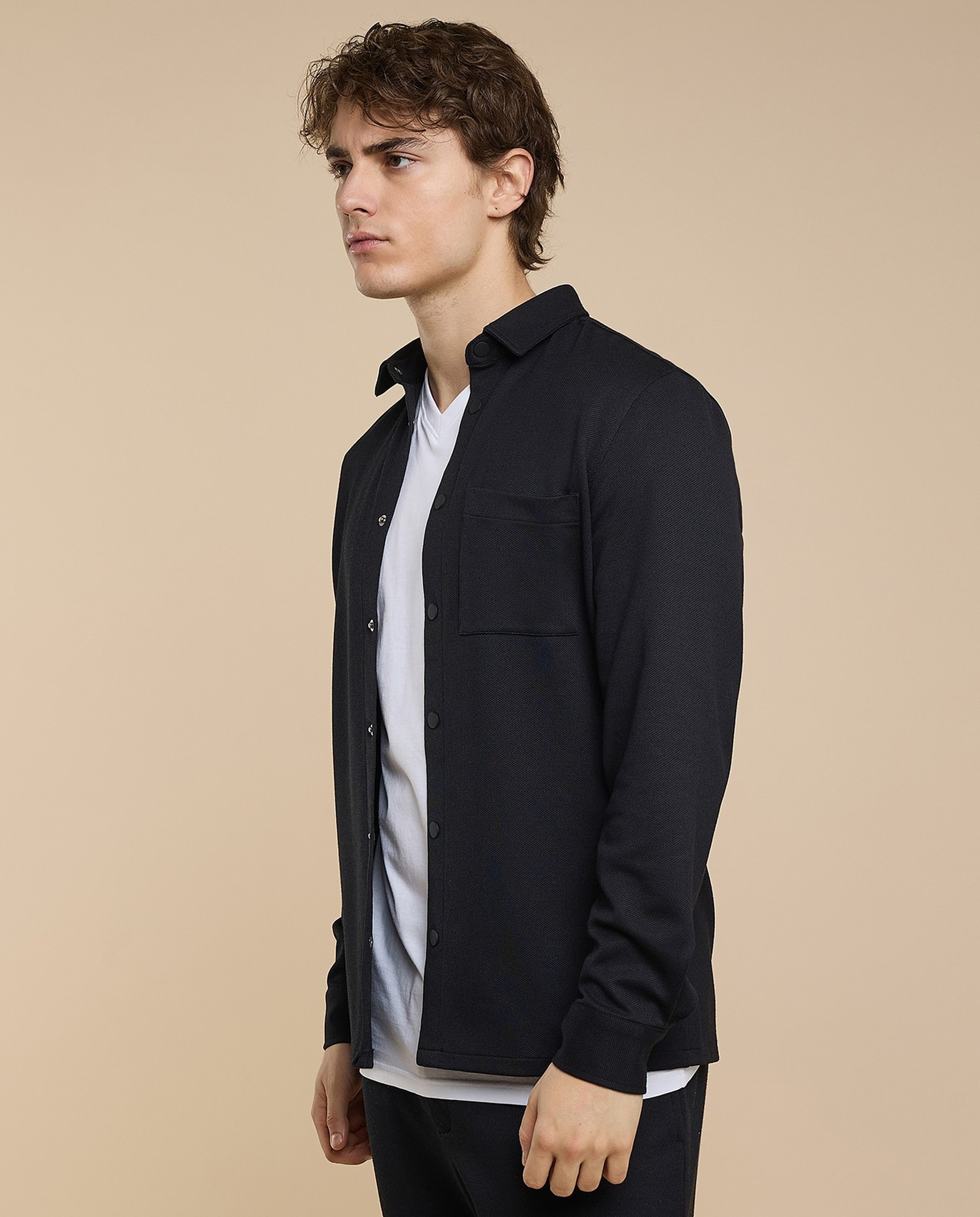 Solid Shirt with Classic Collar and Long Sleeves