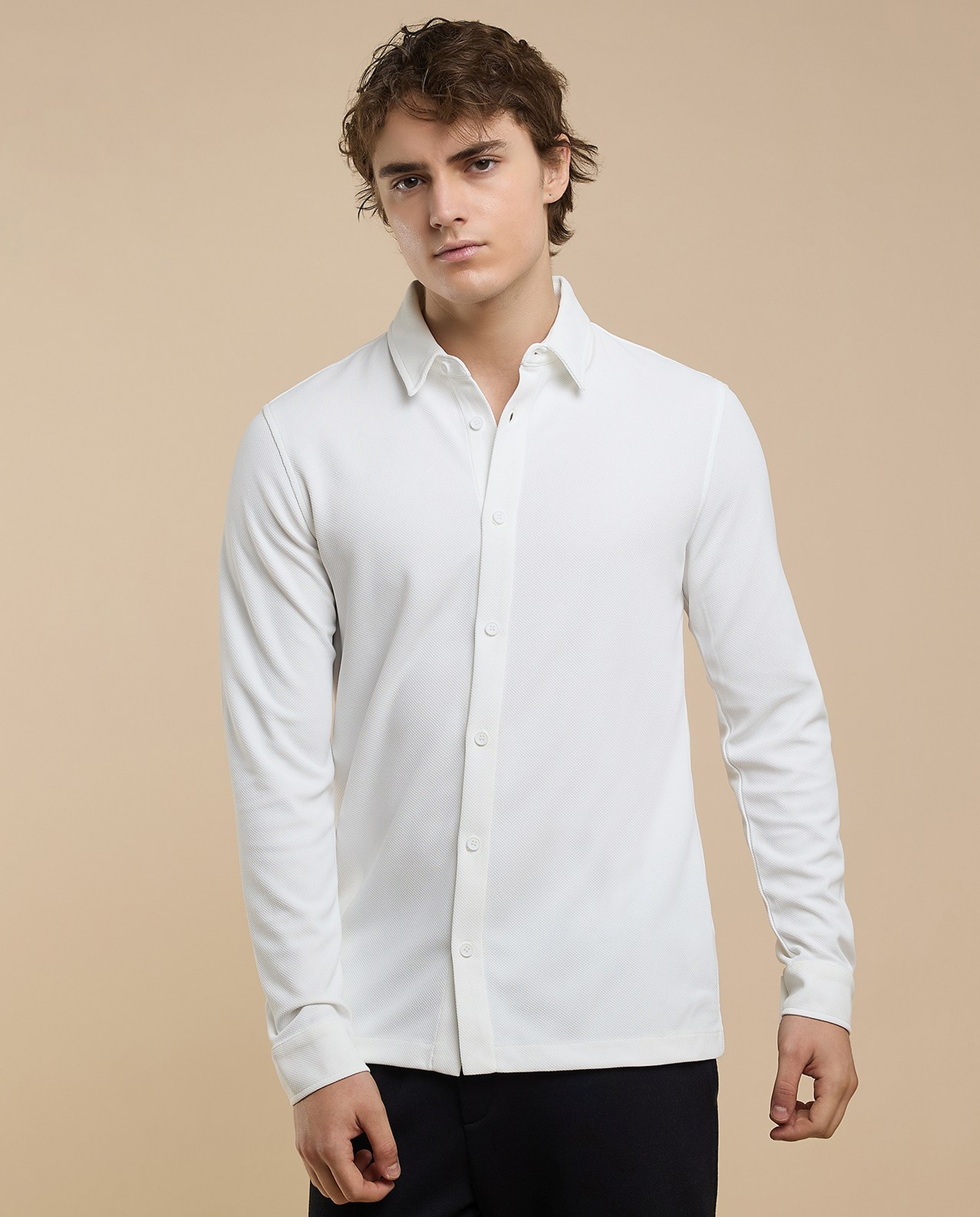Solid Shirt with Classic Collar and Long Sleeves