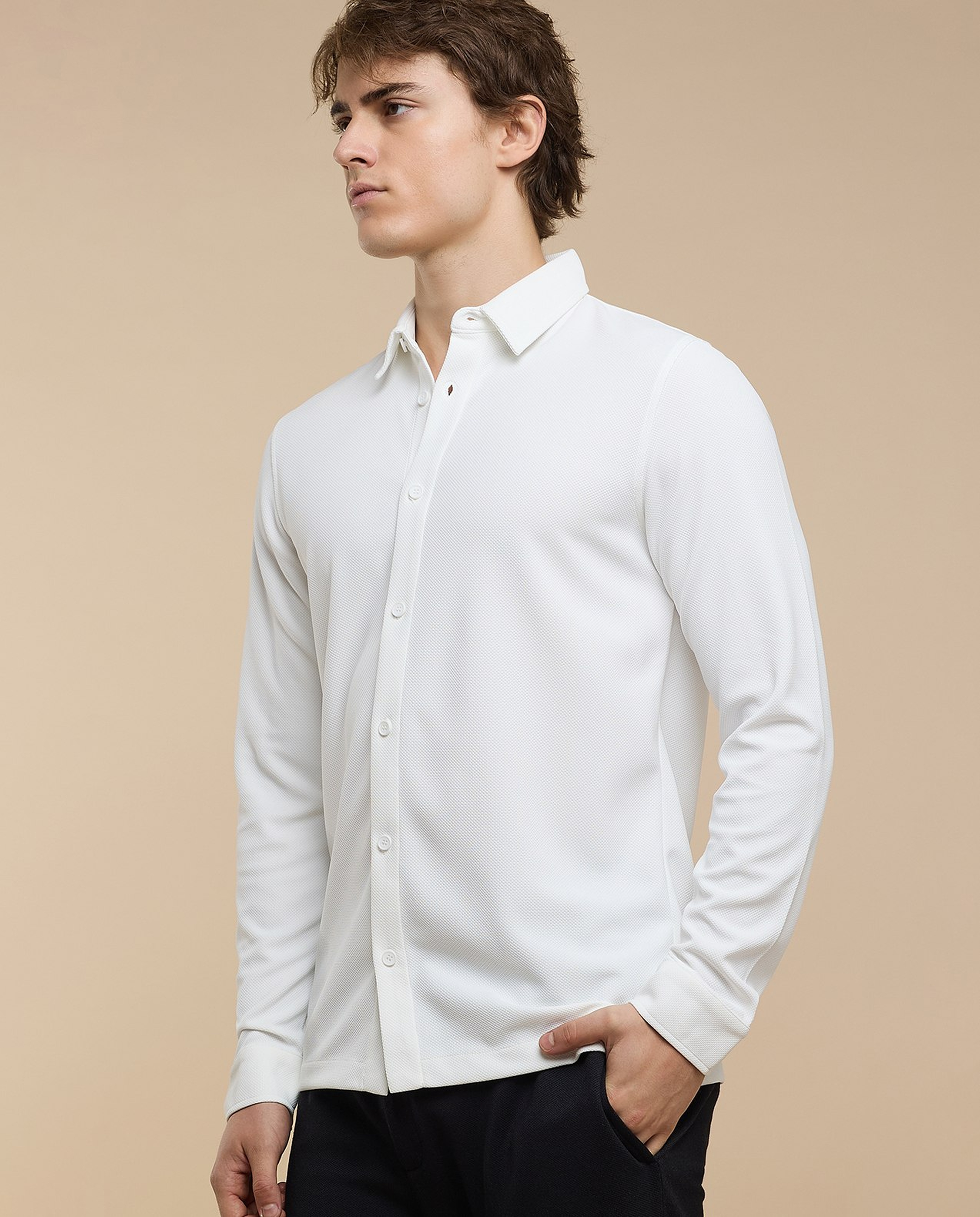 Solid Shirt with Classic Collar and Long Sleeves