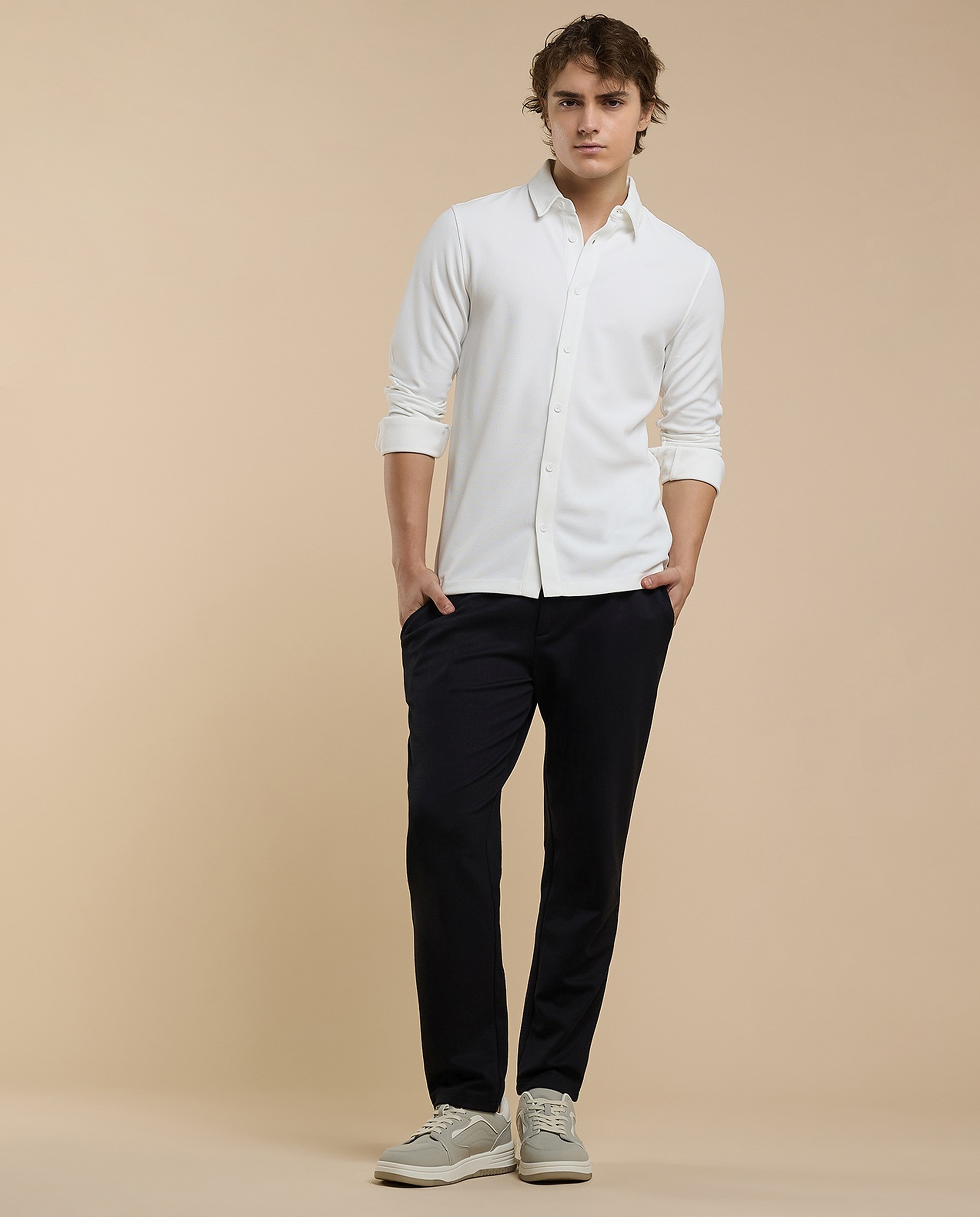 Solid Shirt with Classic Collar and Long Sleeves