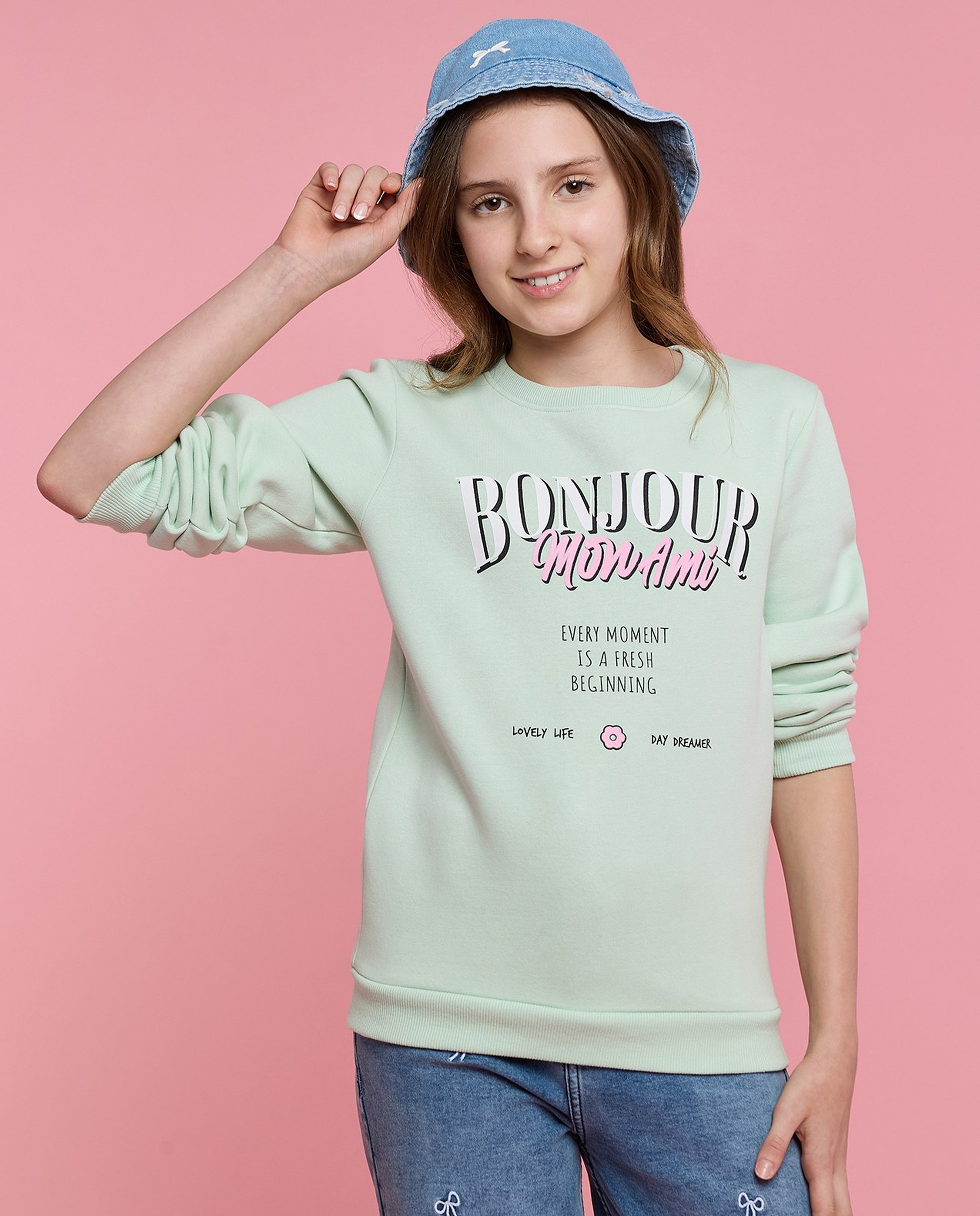 Typography Print Sweatshirt with Crew Neck and Long Sleeves