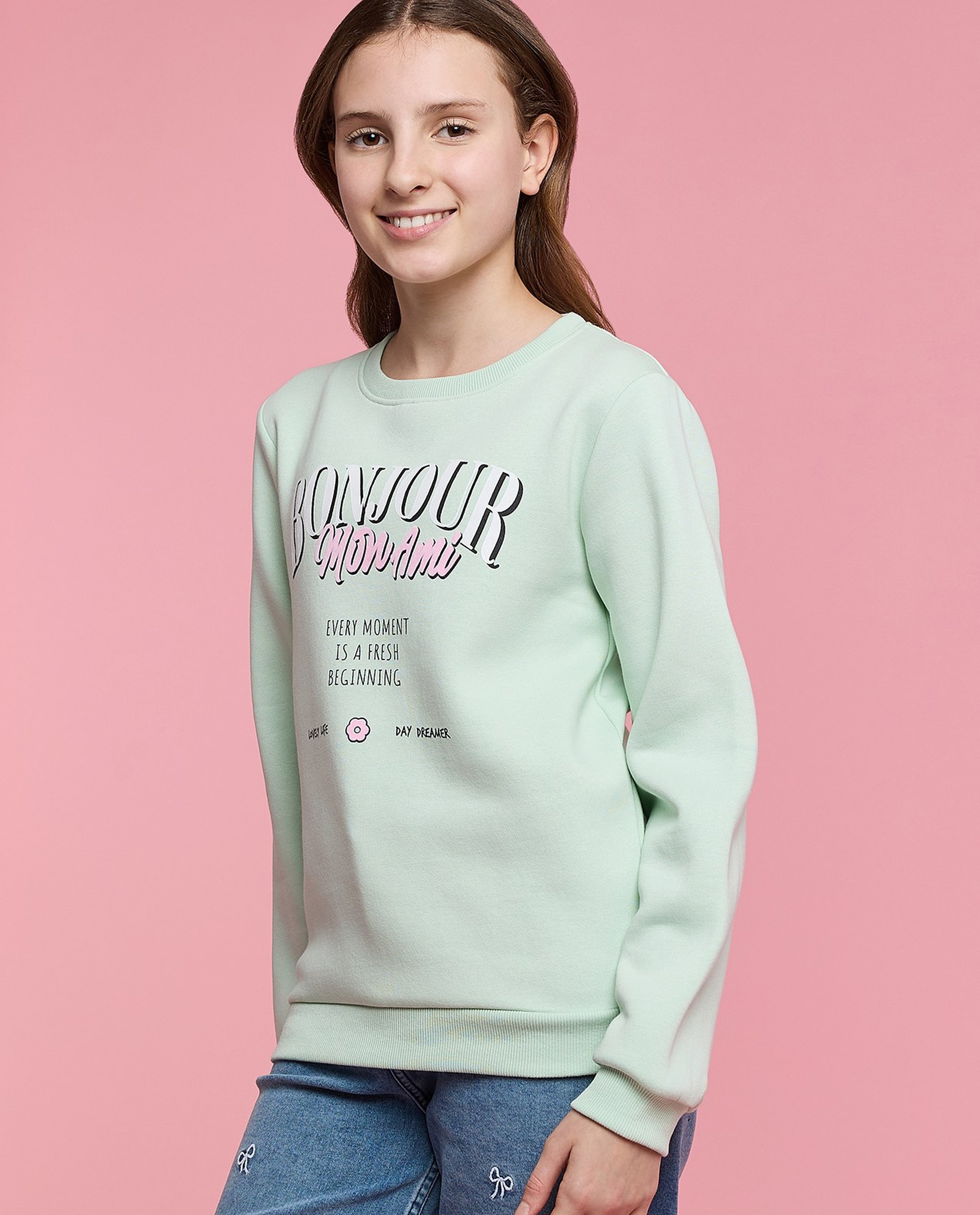 Typography Print Sweatshirt with Crew Neck and Long Sleeves