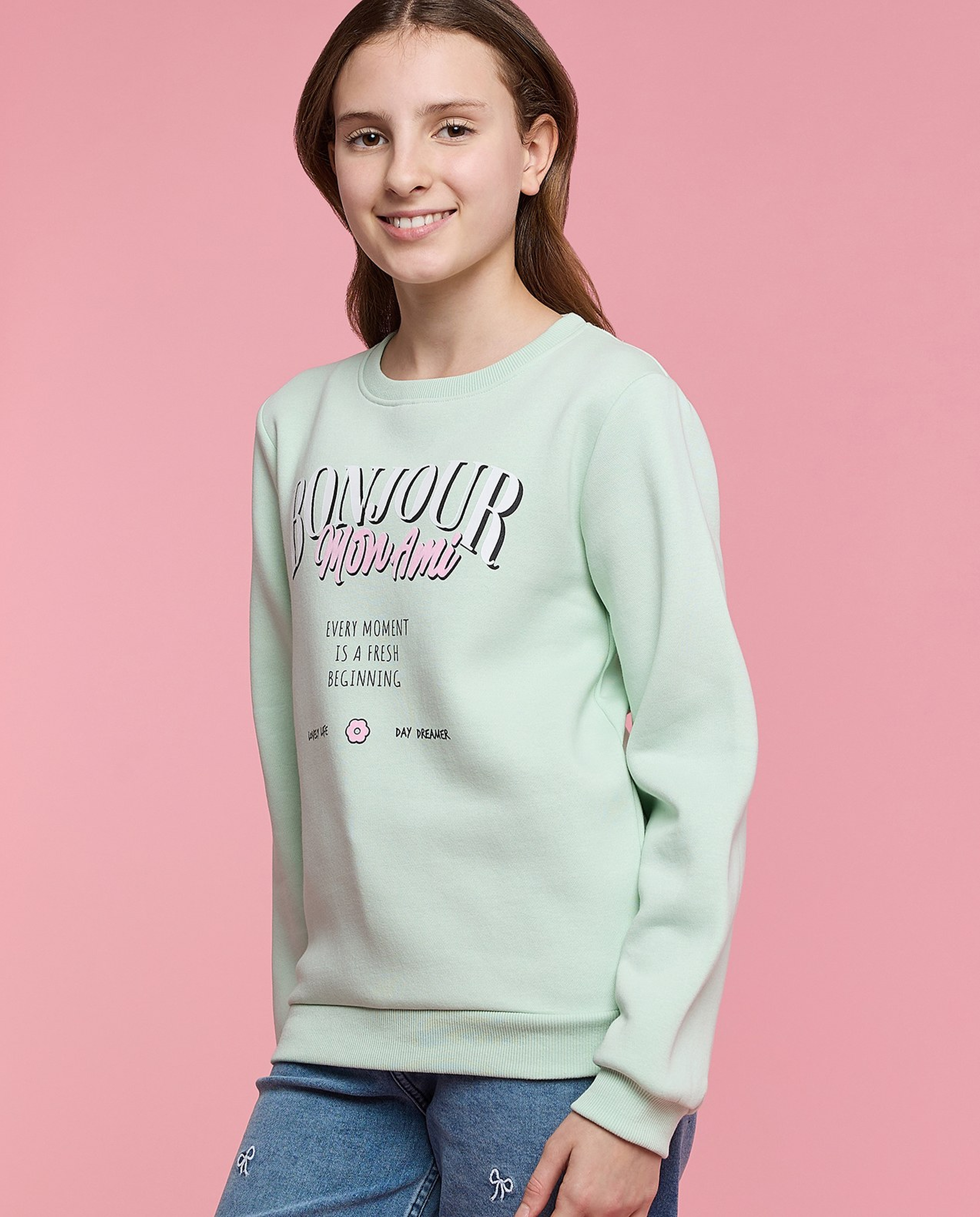 Typography Print Sweatshirt with Crew Neck and Long Sleeves