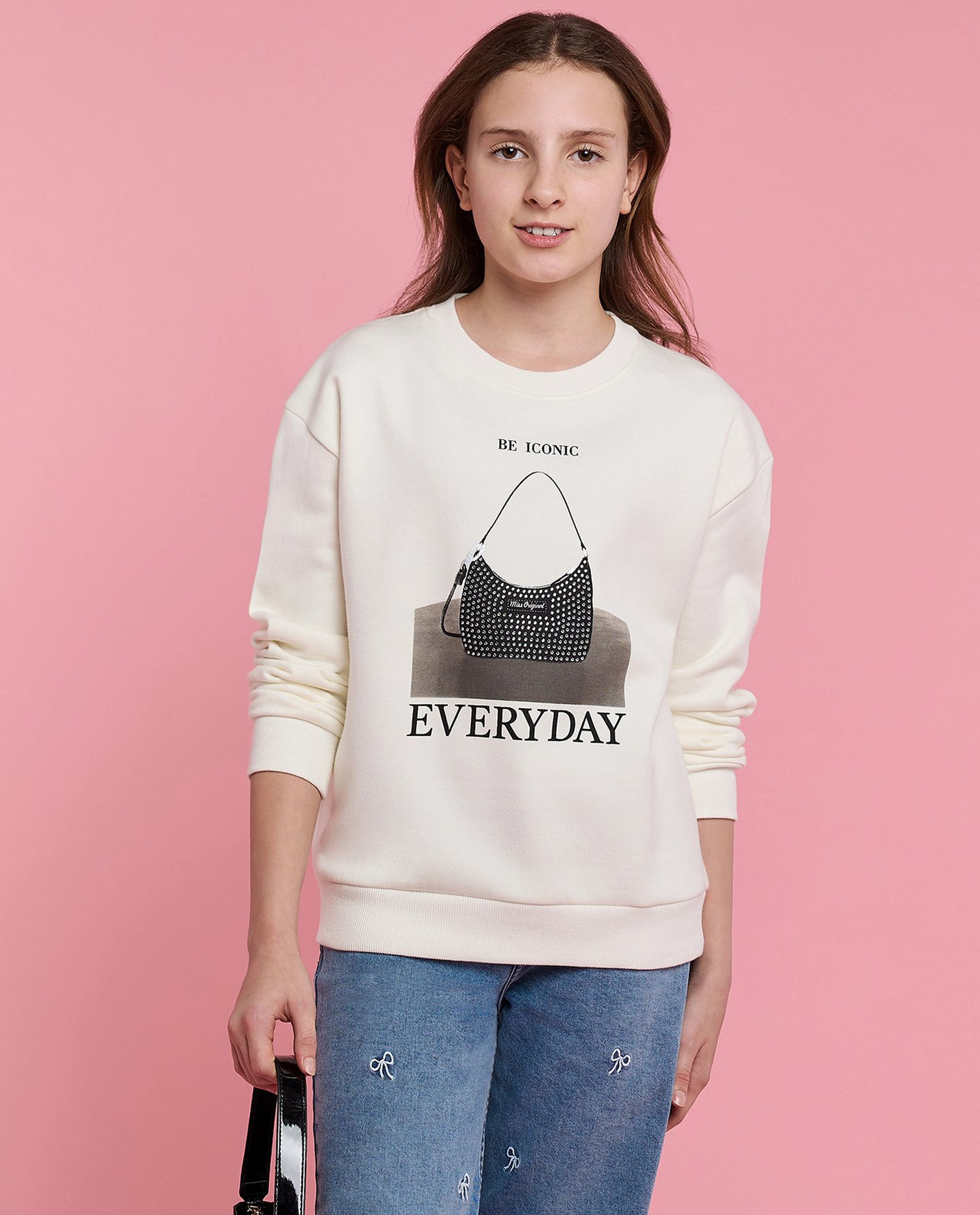 Typography Print Sweatshirt with Crew Neck and Long Sleeves