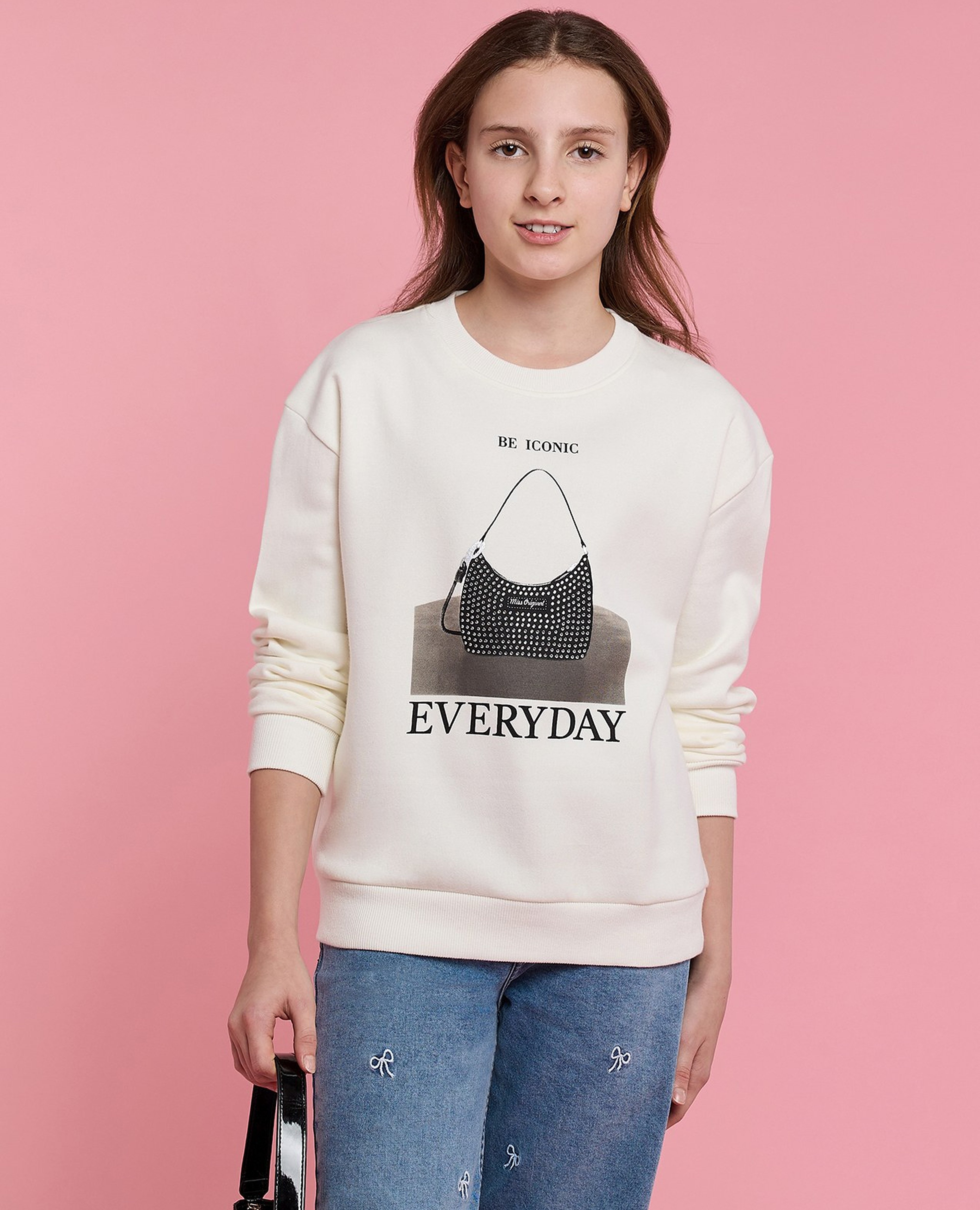 Typography Print Sweatshirt with Crew Neck and Long Sleeves