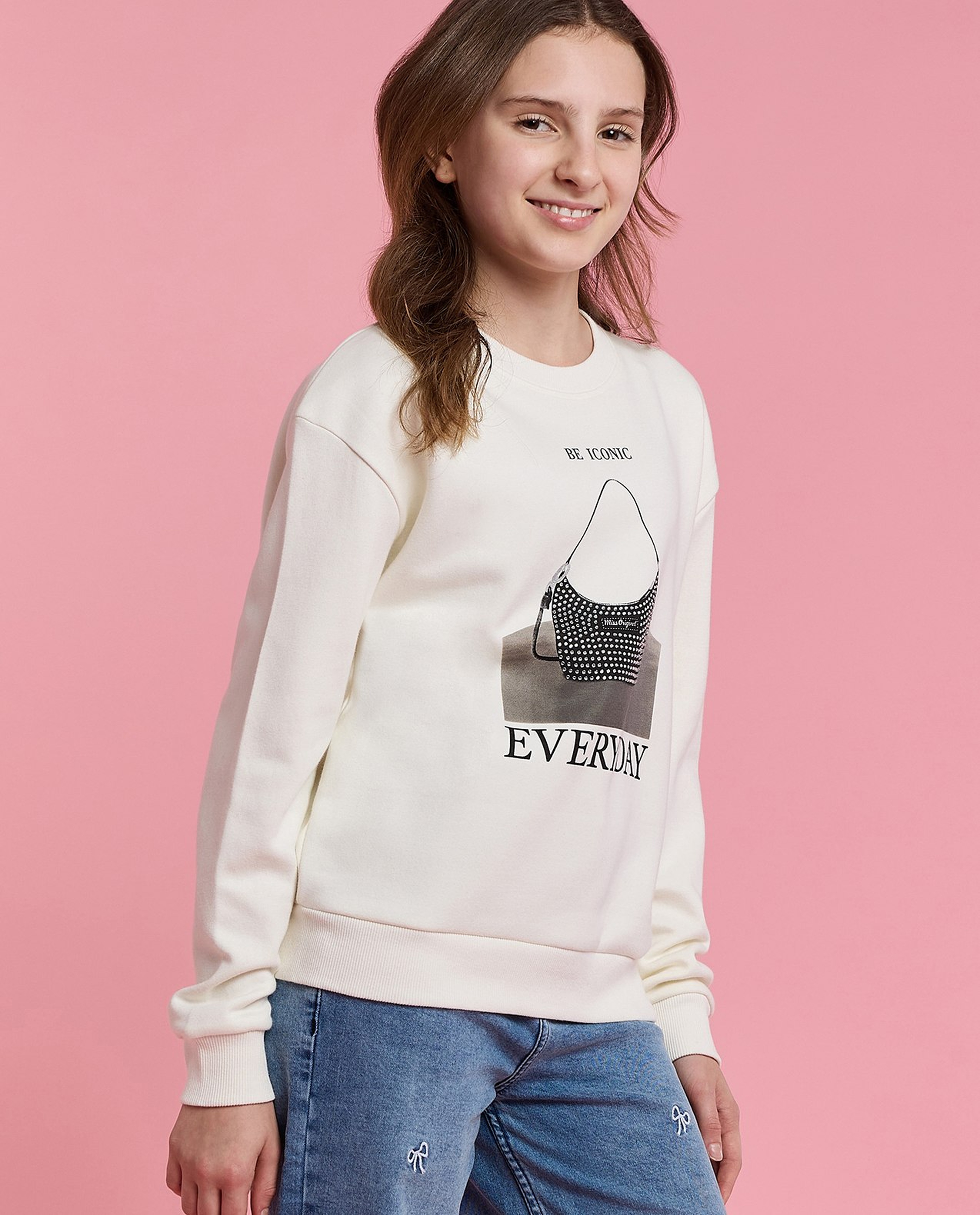 Typography Print Sweatshirt with Crew Neck and Long Sleeves