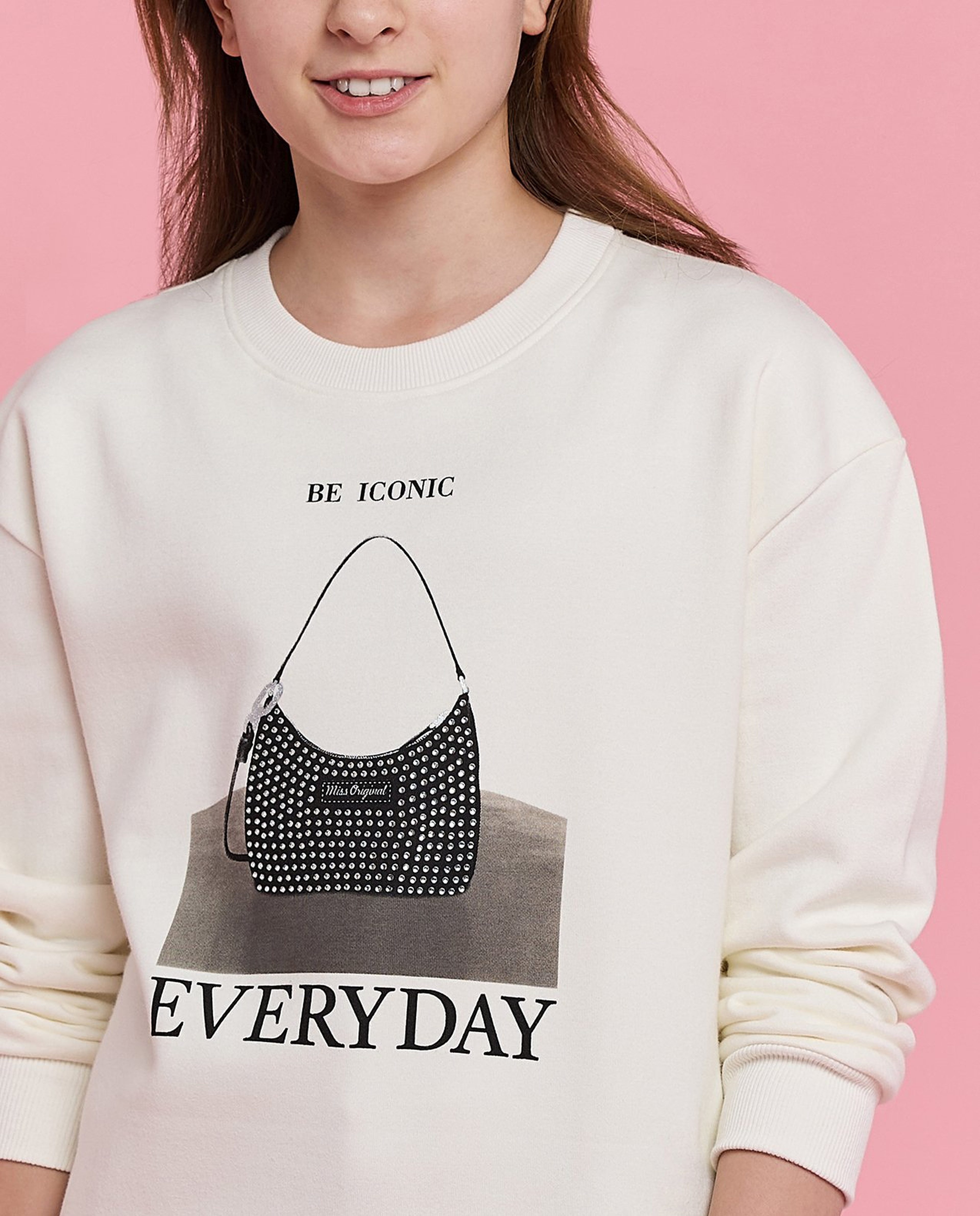 Typography Print Sweatshirt with Crew Neck and Long Sleeves