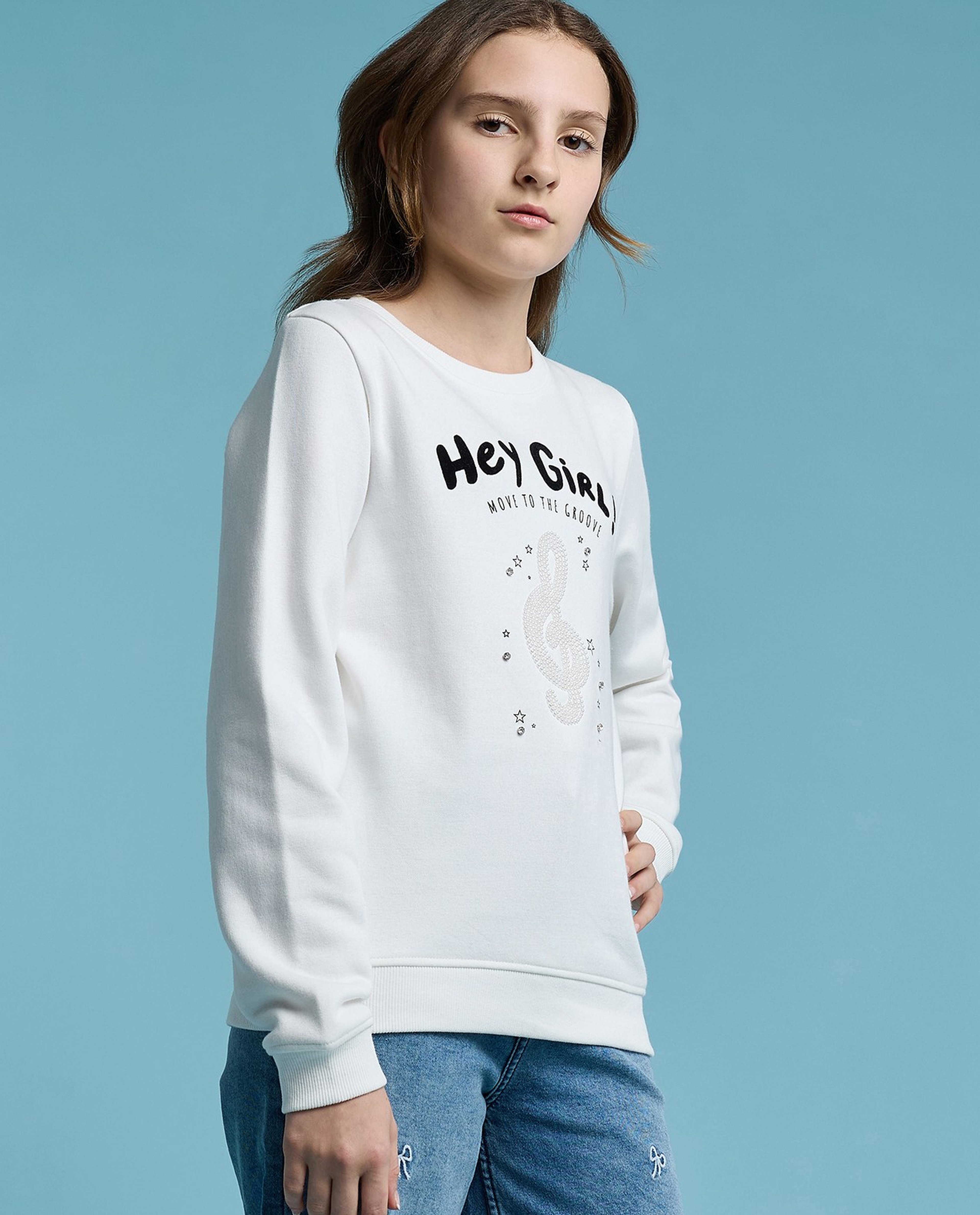 Typography Print Sweatshirt with Crew Neck and Long Sleeves