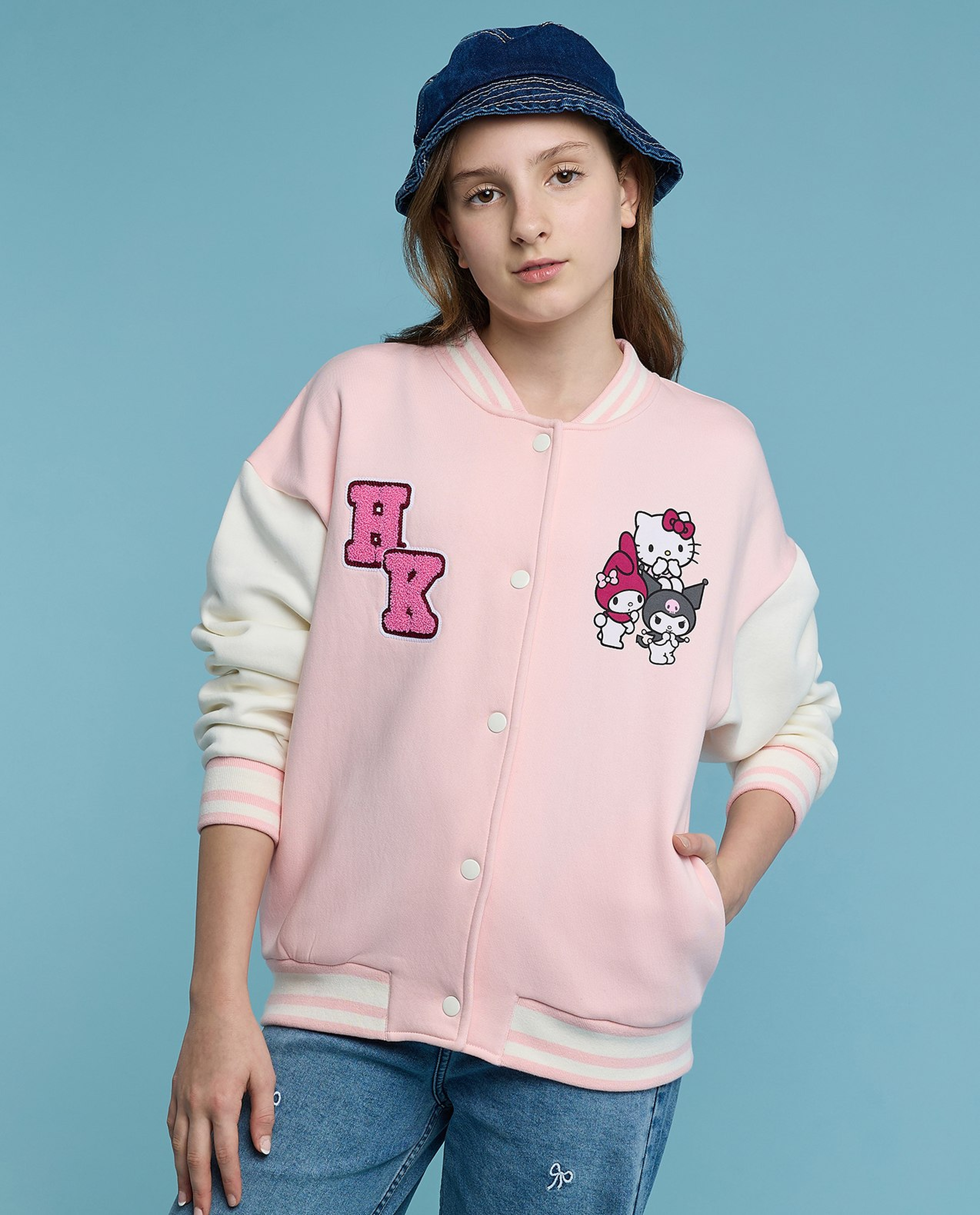 Hello Kitty & Friends Print Bomber Jacket with Button Closure
