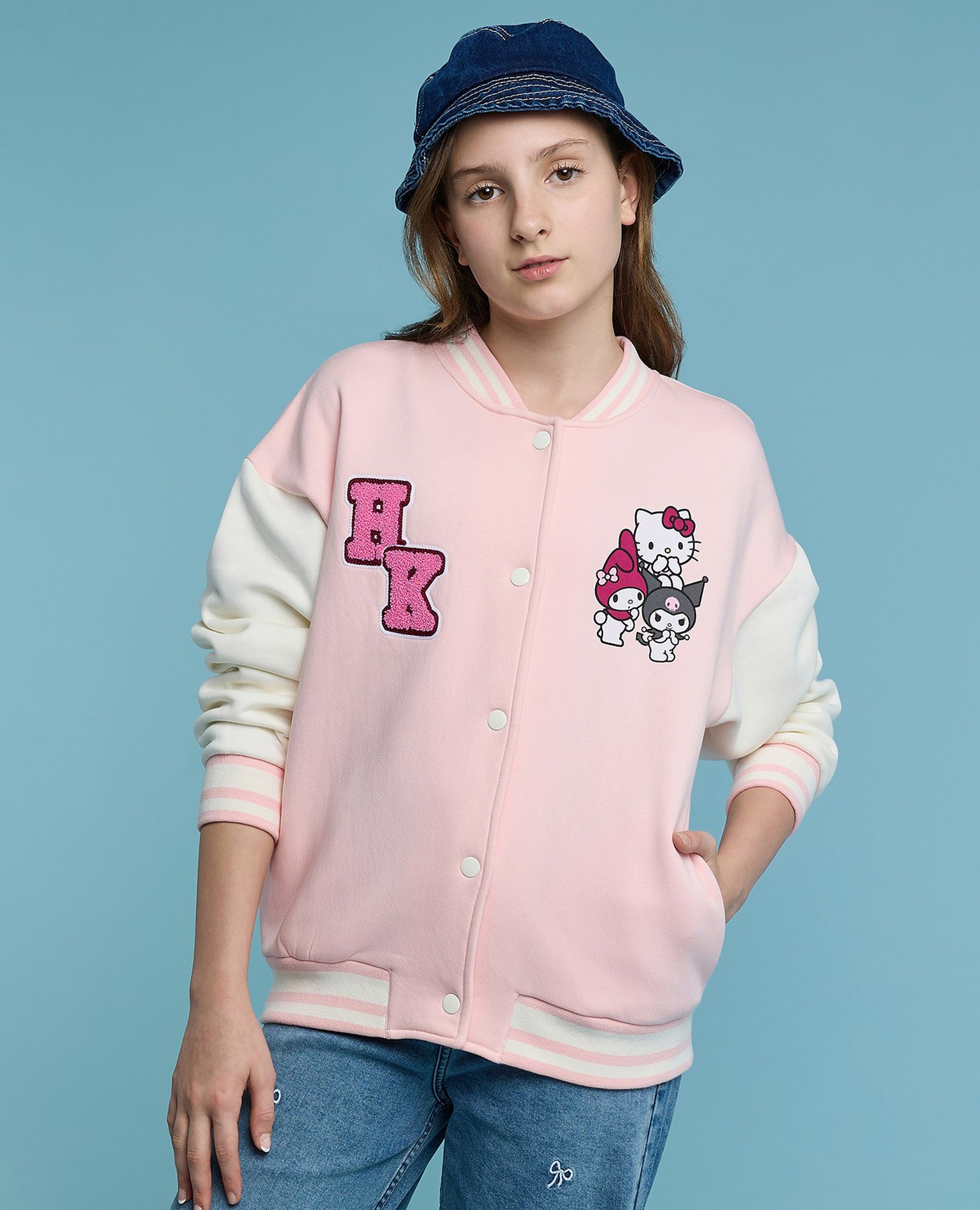 Hello Kitty & Friends Print Bomber Jacket with Button Closure