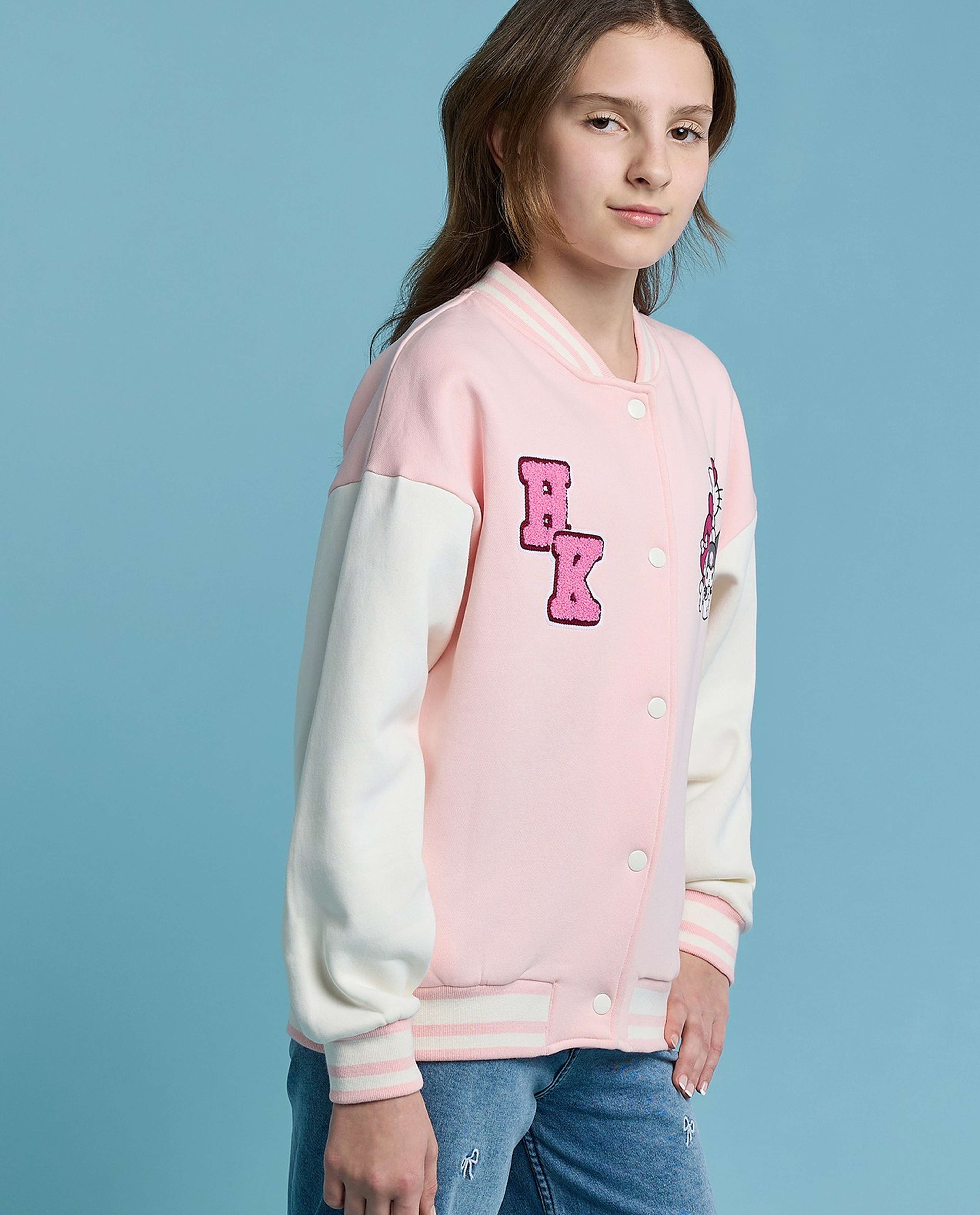 Hello Kitty & Friends Print Bomber Jacket with Button Closure