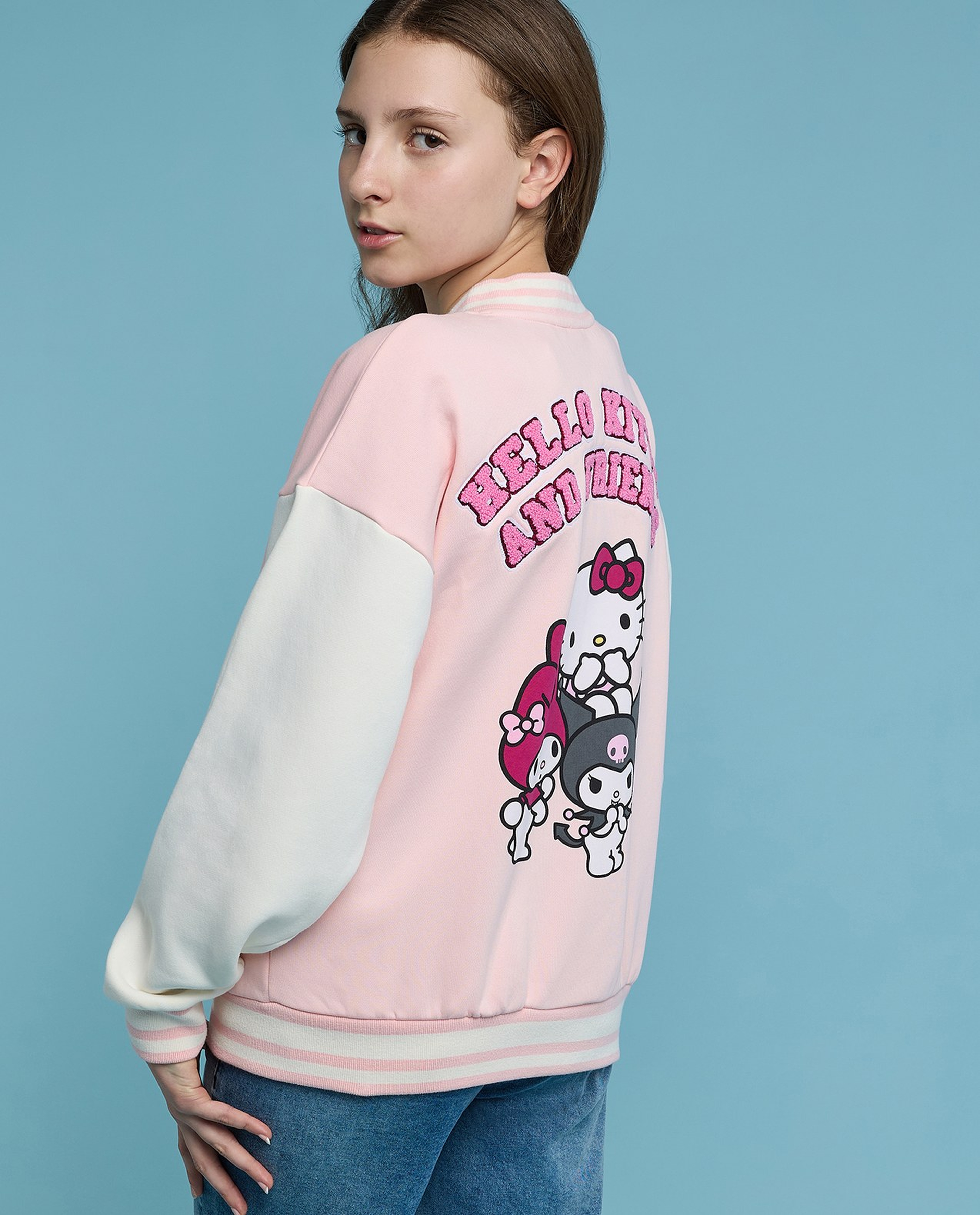 Hello Kitty & Friends Print Bomber Jacket with Button Closure